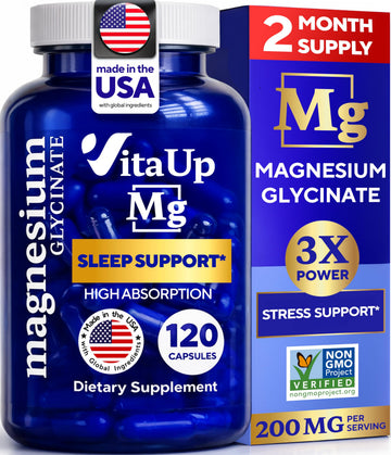 VitaUp Magnesium Glycinate 200mg - USA Made, Highly Absorbed, Non-GMO Magnesium for Relaxation, Deep Sleep, Bones & Heart - 200mg per Serving, 120 Vegan Capsules VitaUp uk supplements