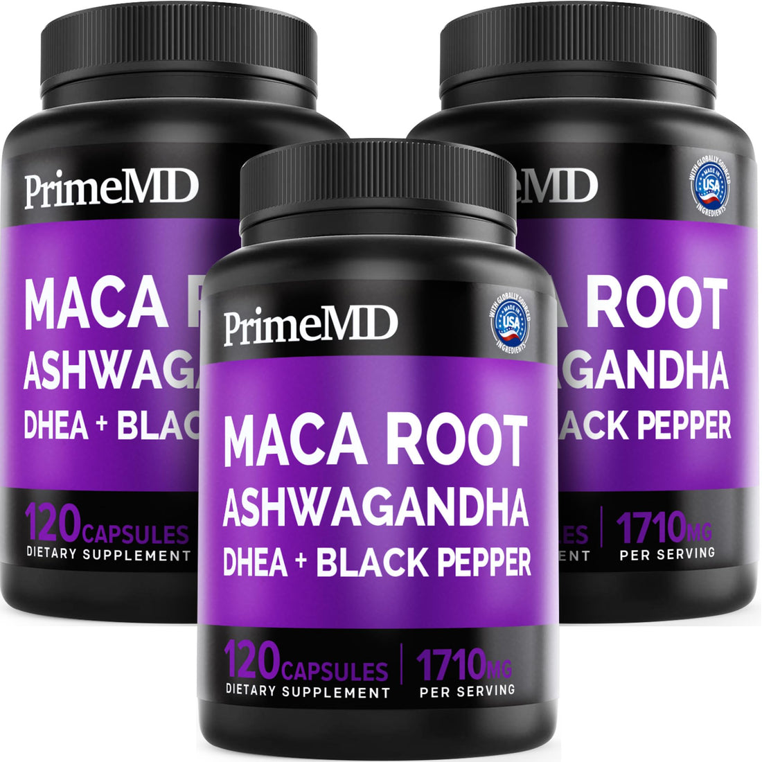 6-in-1 Organic Maca Root Ashwagandha Capsules 1710mg with DHEA and Black Pepper Fruit Extract for Women and Men - Black Maca Supplement for Stamina, Bone and Mood Support Supplement, 120ct (Pack of 3) PrimeMD uk supplements