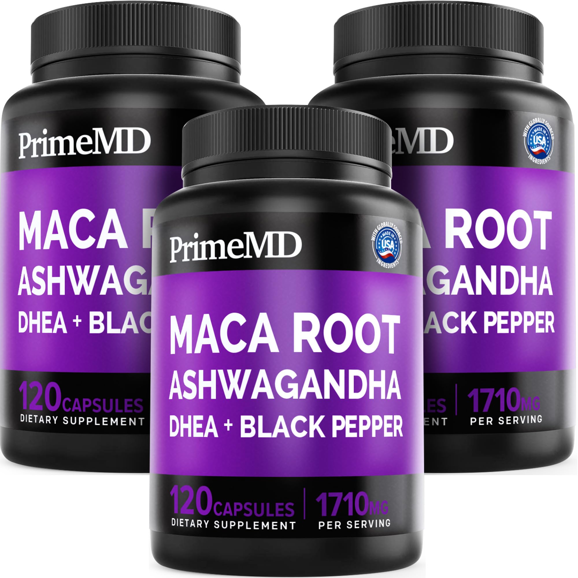 6-in-1 Organic Maca Root Ashwagandha Capsules 1710mg with DHEA and Black Pepper Fruit Extract for Women and Men - Black Maca Supplement for Stamina, Bone and Mood Support Supplement, 120ct (Pack of 3) PrimeMD uk supplements