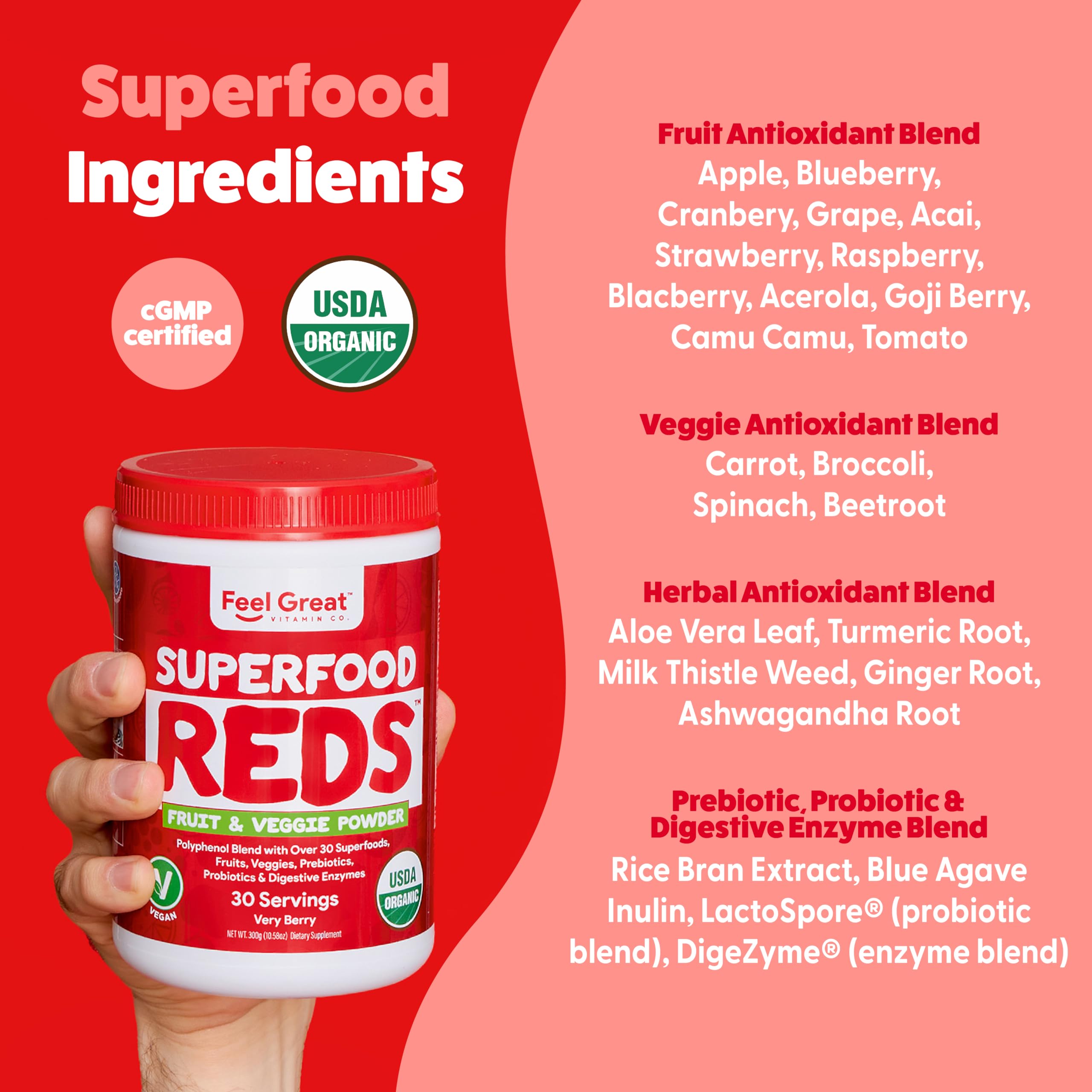 Feel Great Organic Superfood Reds Powder Packed with Beet Root Powder | Digestive Support Including Bloating Relief | Fruit and Veggie Polyphenols Supplement. The Feel Great Vitamin Company uk supplements