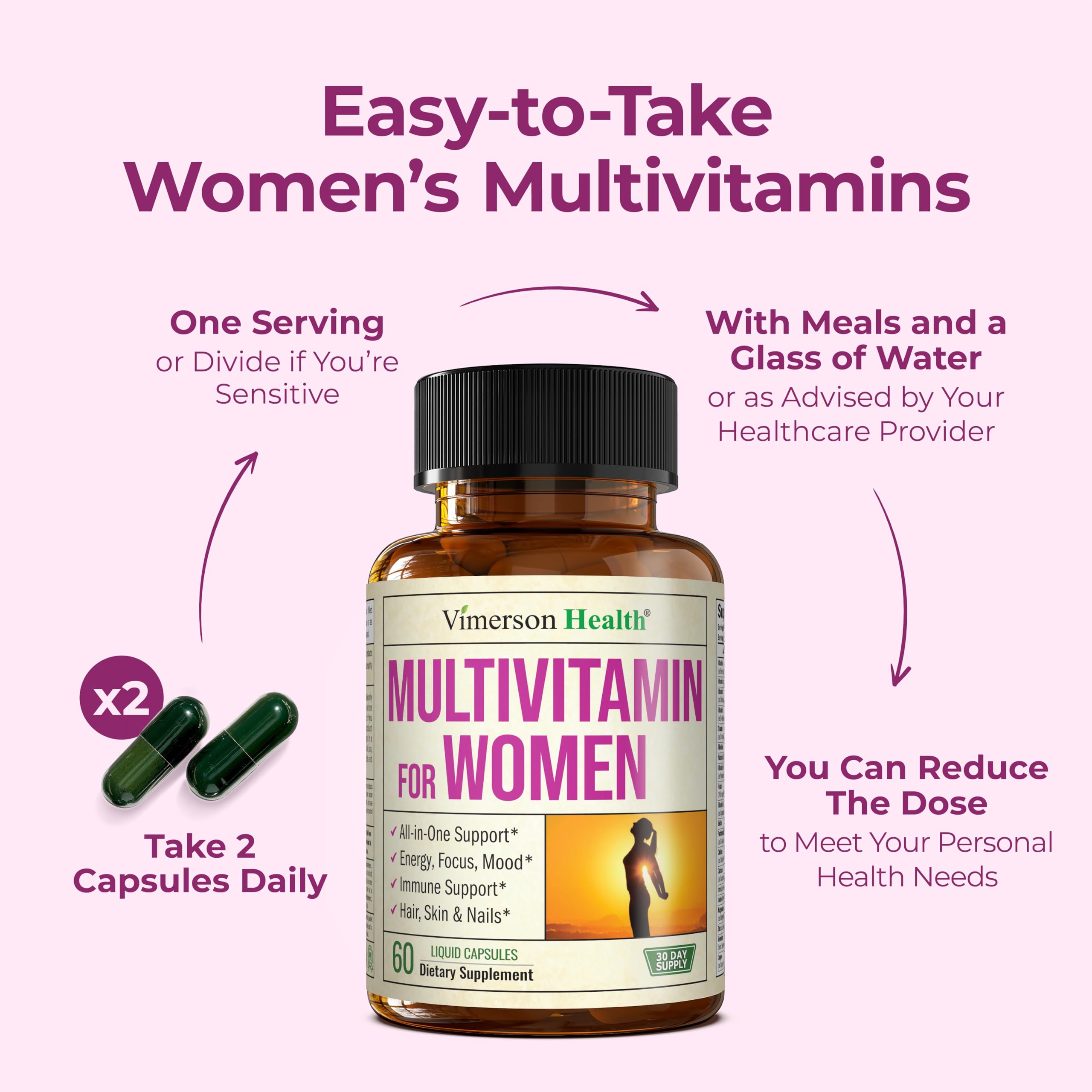 Multivitamin for Women with Bioavailable Vitamins, Minerals, Vitamin D, B12, C, A & Zinc for Energy, Focus and Immune Health – Premium Womens Multivitamins & Multiminerals – 60 Liquid Caps Vimerson Health uk supplements