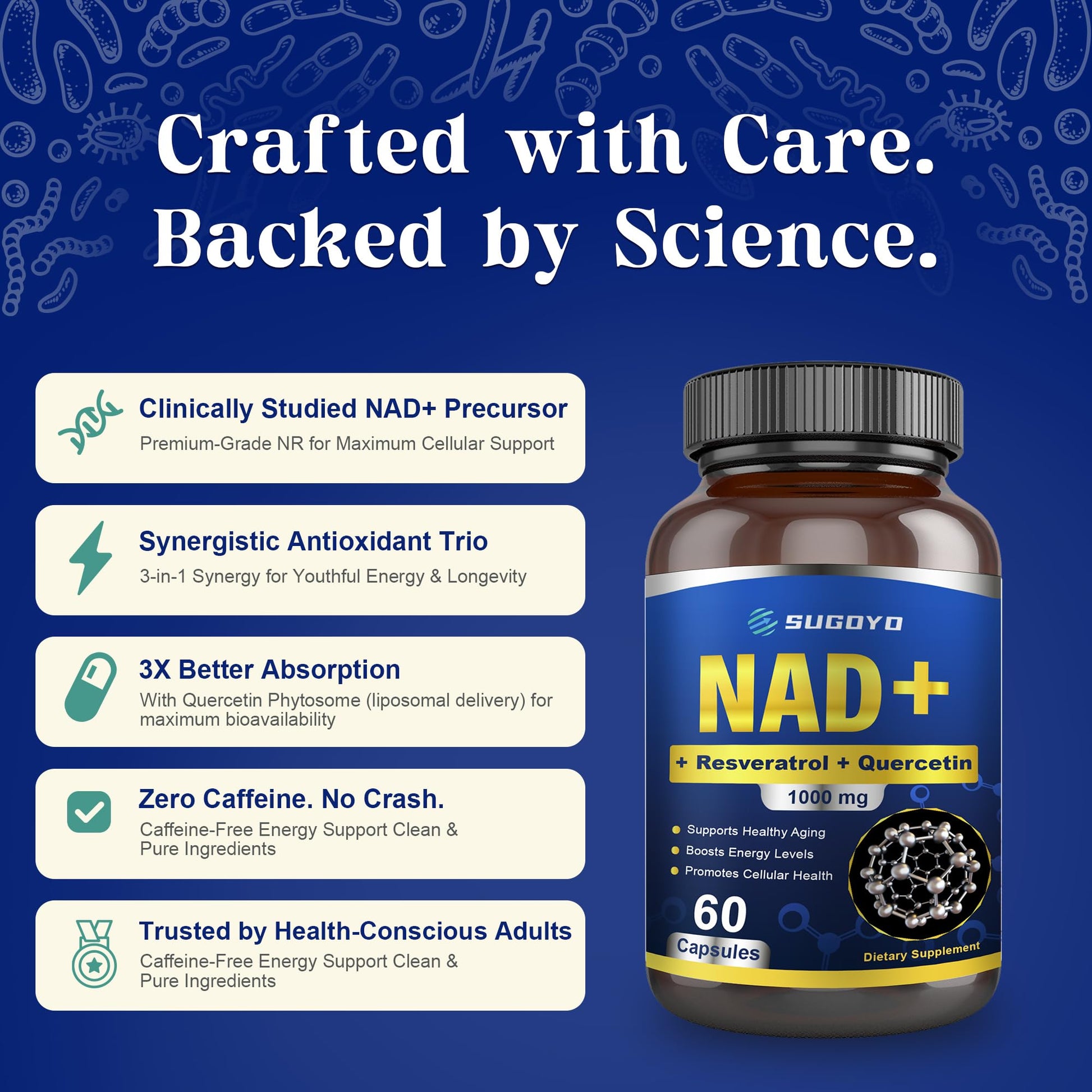 SUGOYO NAD+ Supplement 1000mg Liposomal Nicotinamide Riboside Enhanced with Resveratrol & Quercetin, Anti-Aging & Energy Boost, NMN Alternative, NAD Supplement for Women & Men (60 Count (Pack of 1)) SUGOYO uk supplements
