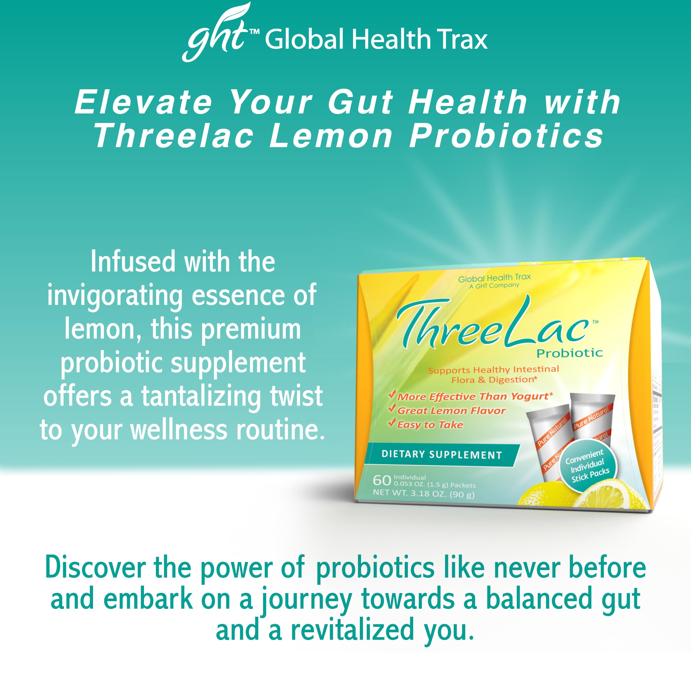 Global Health Trax ThreeLac Lemon Probiotic Drink Mix for Digestive Health - Advanced Probiotic Powder Formula for Men, Women, and Kids - Immune Support & Gut Balance, Non-GMO - 180 Packets ght Global Health Trax uk supplements