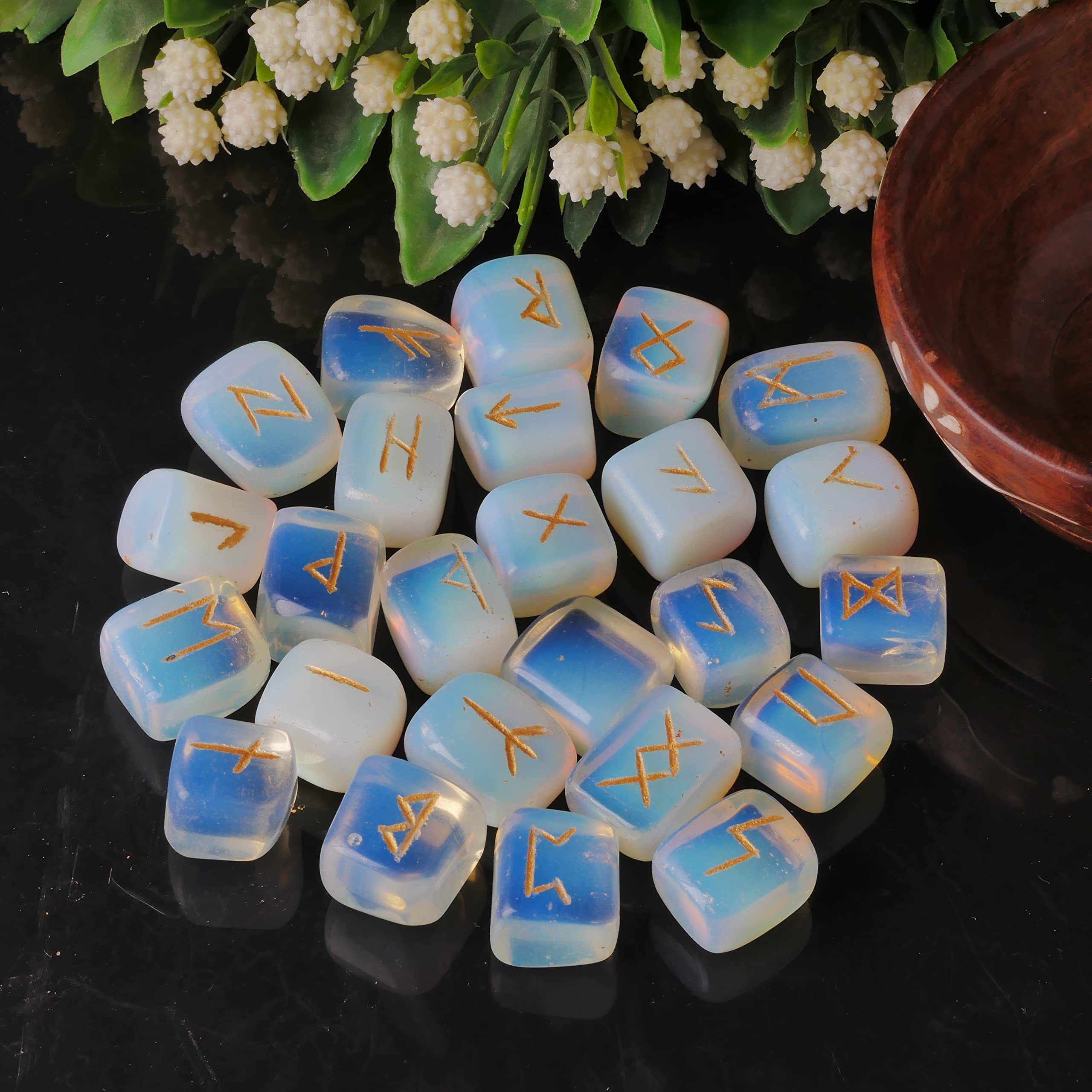 Opalite Rune Stone - Rune Set - Engraved Elder Futhark Alphabet Symbols - Witchcraft Crystals QUIPSA uk supplements