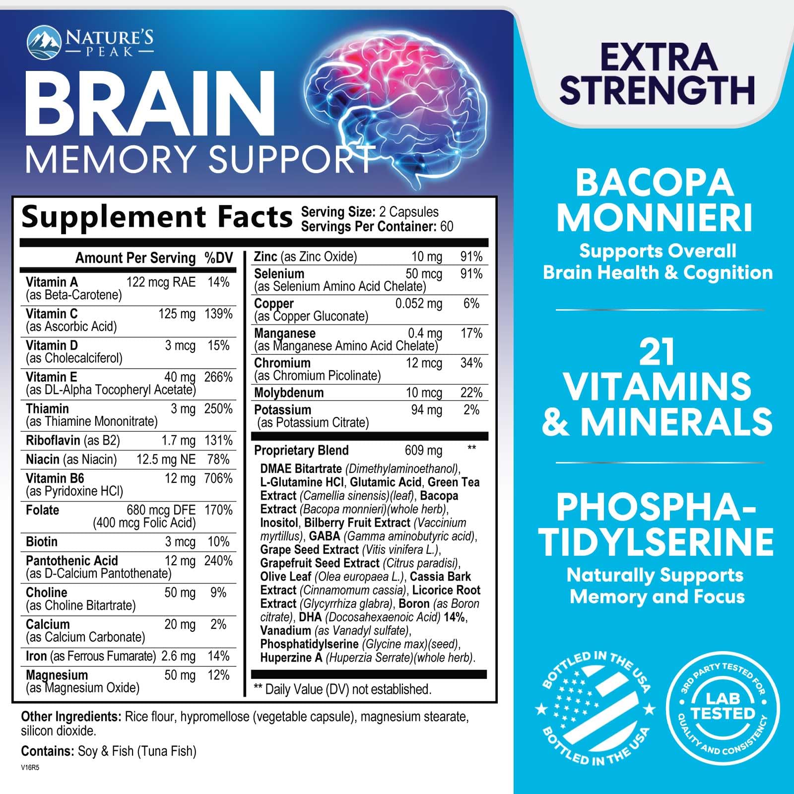 Brain Memory Supplement - 3X Strength Nootropics for Concentration, Clarity & Focus Support - Brain Health Cognitive Vitamins with Bacopa, Phosphatidylserine & DMAE, Brain Booster Pills, 120 Capsules Nature's Peak uk supplements