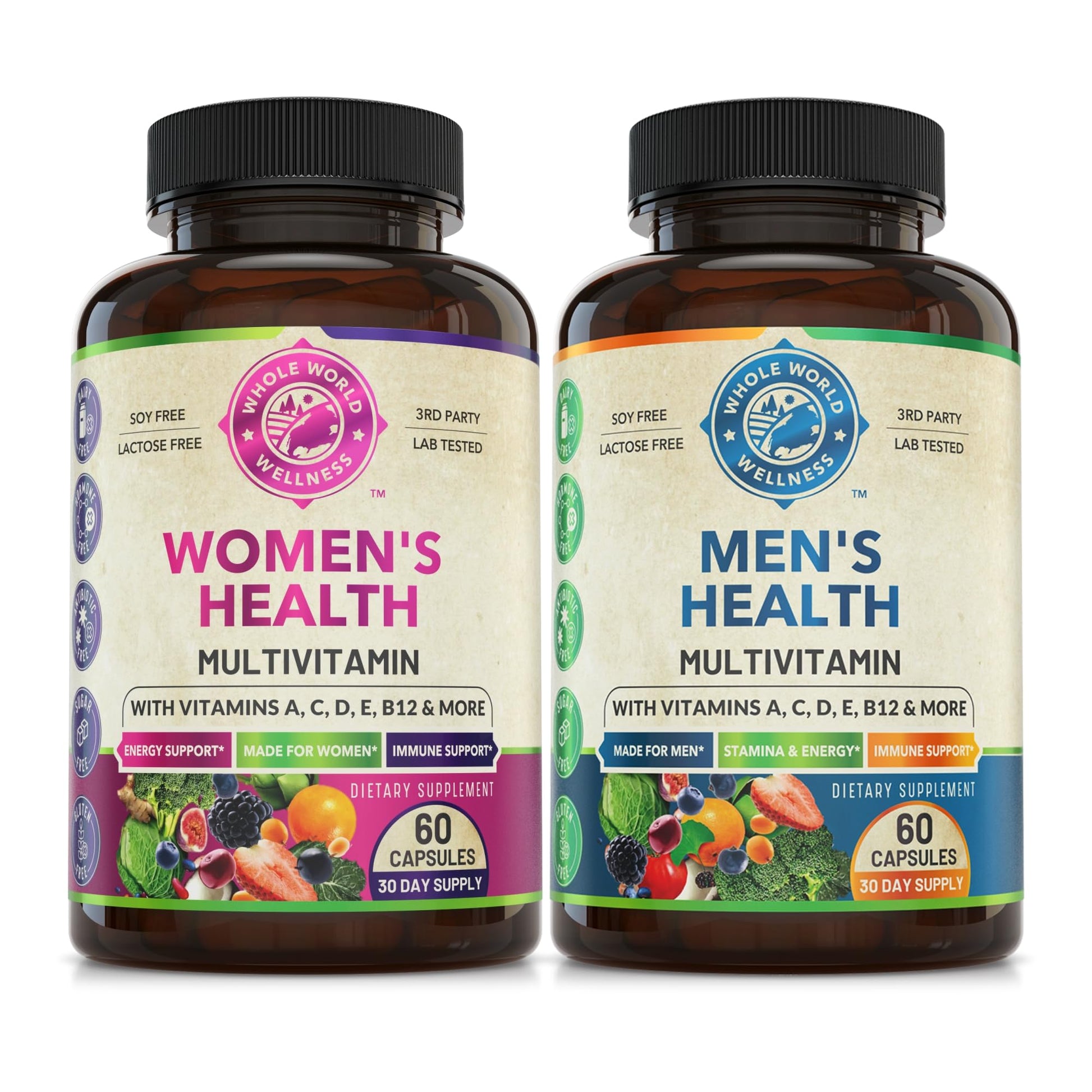 Womens Daily Multivitamins & Mens Daily Multivitamins Bundle (One Bottle Each) - Supports Holistic Wellness, Including Energy & Focus. Multivitamin & Multimineral Blend. Made in The USA. WHOLE WORLD WELLNESS uk supplements