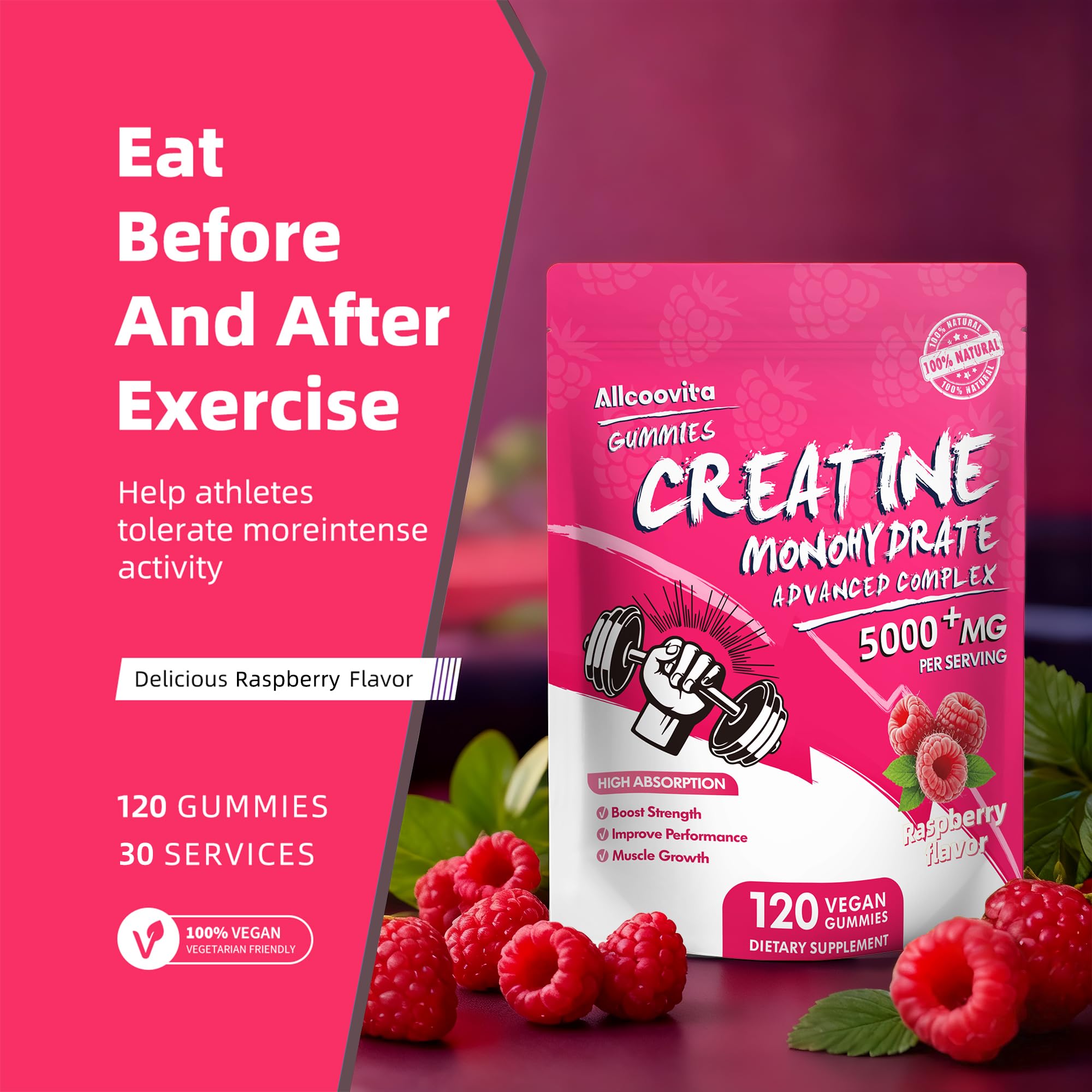 NSF Certified Creatine Gummy - Creatine Monohydrate Gummies 5000mg for Men & Women -120 Gummies Advanced Formula, Muscle Strength, Muscle Builder, Energy Boost, Pre-Workout Supplement-Raspberry Allcoovita uk supplements