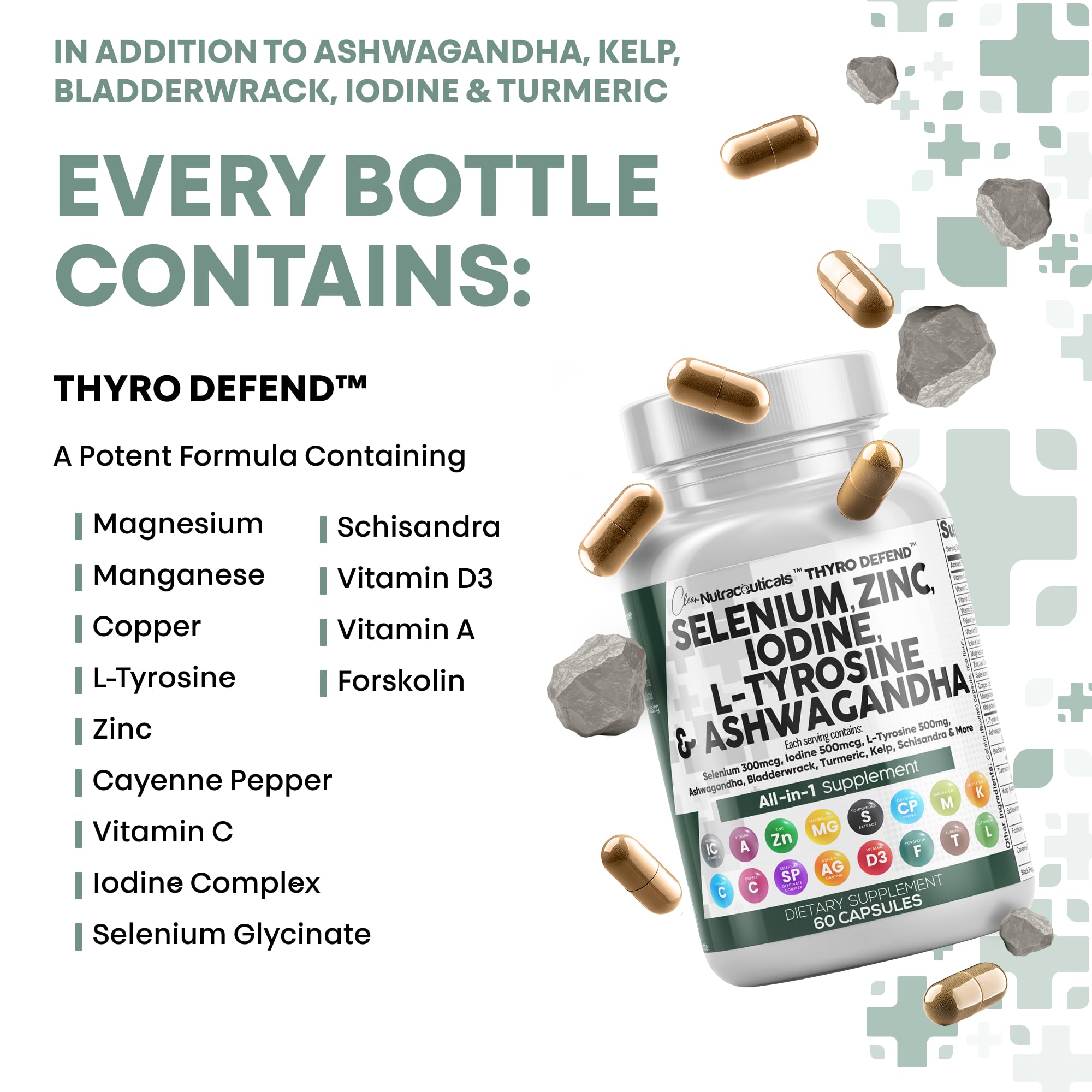 Clean Nutra Selenium 300mcg Iodine 500mcg Thyroid Support for Women & Men | L Tyrosine 500mg Ashwagandha Supplement Bladderwrack, Turmeric, Kelp, Schisandra Zinc Pills Capsule Supplements Clean Nutraceuticals uk supplements