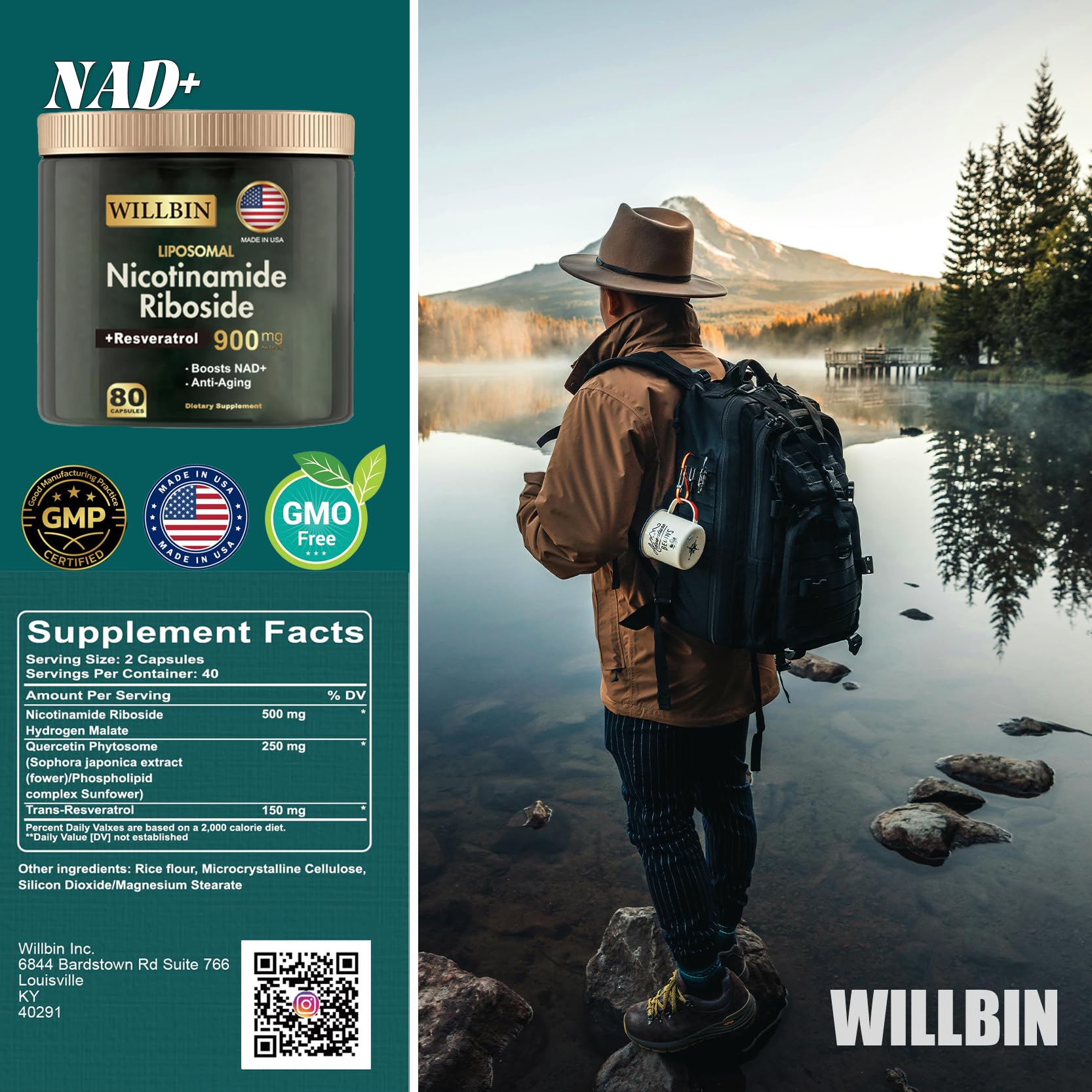 Willbin Liposomal NAD+ Supplement, Nicotinamide Riboside with Resveratrol, NAD Nicotinamide Riboside Boost Energy Focus Anti-Aging for Women & Men - 80 Vegan Capsules Willbin uk supplements