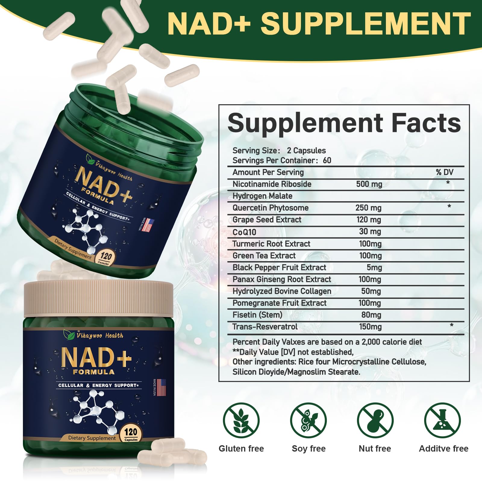 Vikaywoo NAD Supplement 1585 Mg -True NAD & Resveratrol, NMN Alternative Liposomal NAD+ for Women & Men, Support Cellular Health, Stamina & Healthy Aging - 120 Capsules Vikaywoo uk supplements
