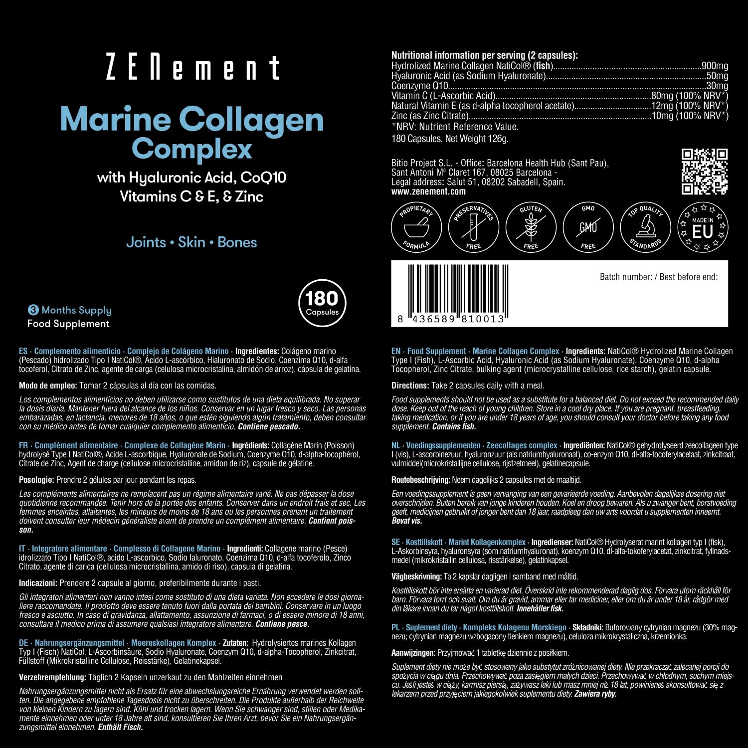Marine Collagen Complex, with Hyaluronic Acid, CoQ10, Vitamins C & E, & Zinc, 180 Capsules Zenement uk supplements