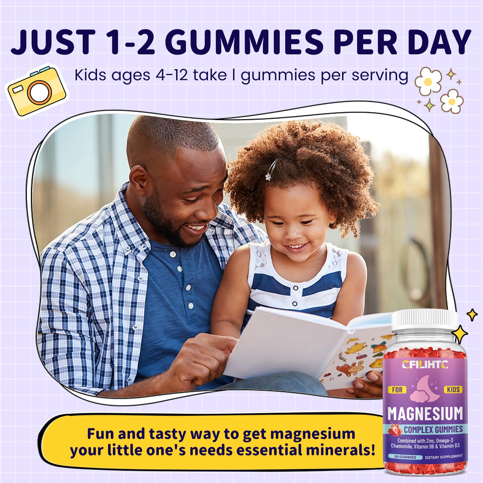 Kids Magnesium Gummies-Magnesium Glycinate Gummies for Kids Supplement-w/Zinc, Chamomile, Omega-3, Vitamin B6, D3 - for Sleep, Relaxation, Brain, Bones, Children's Calm, Sugar Free Strawberry 60ct CFILIHTC uk supplements