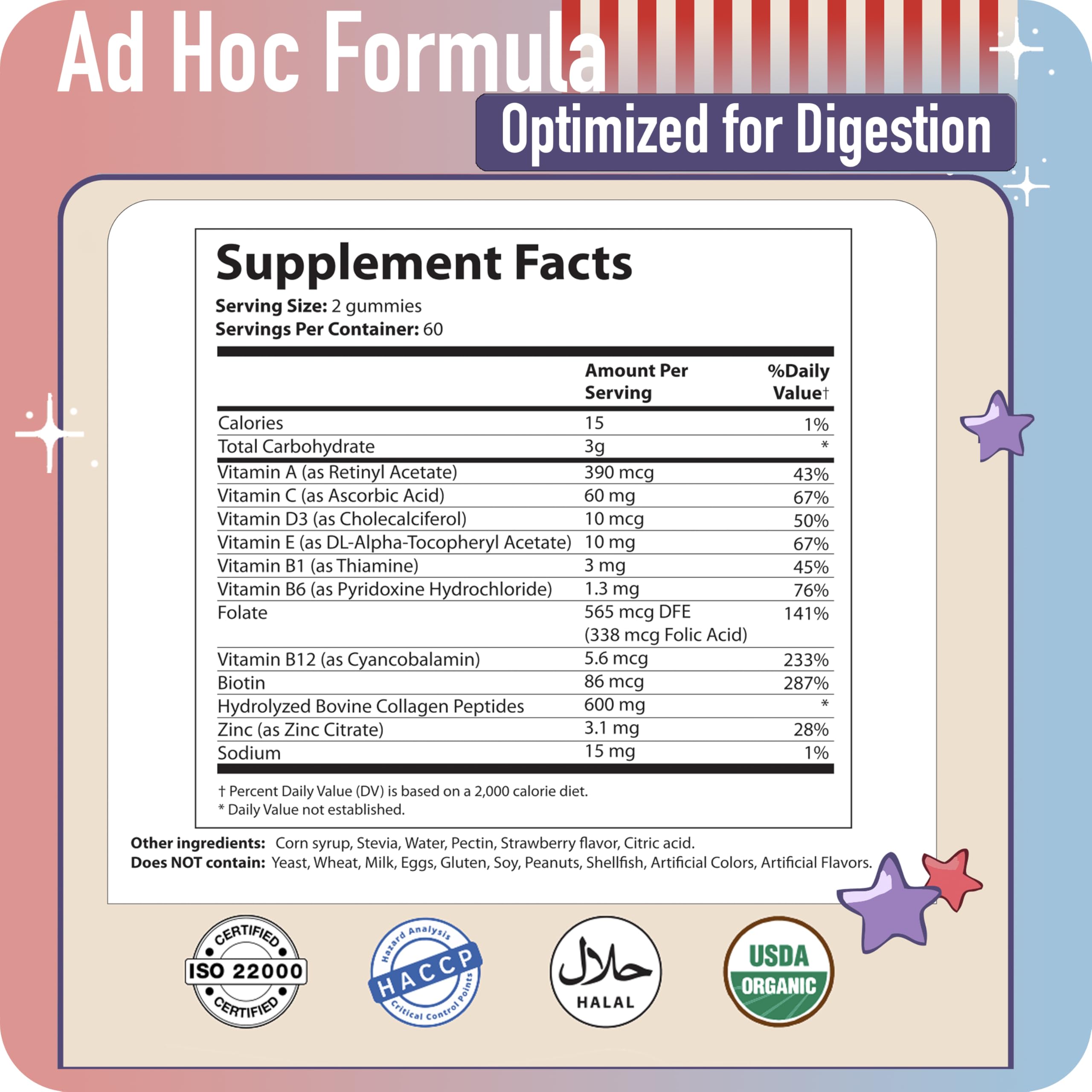 Collagen Peptides Gummies for Women – Biotin, Zinc, Vitamin D3 – 120 Count – Hydrolyzed Collagen Gummy Complex – Hair, Skin & Nails Support – Sugar-Free, Halal, Lactose-Free, Strawberry Cream Flavor ad hoc uk supplements