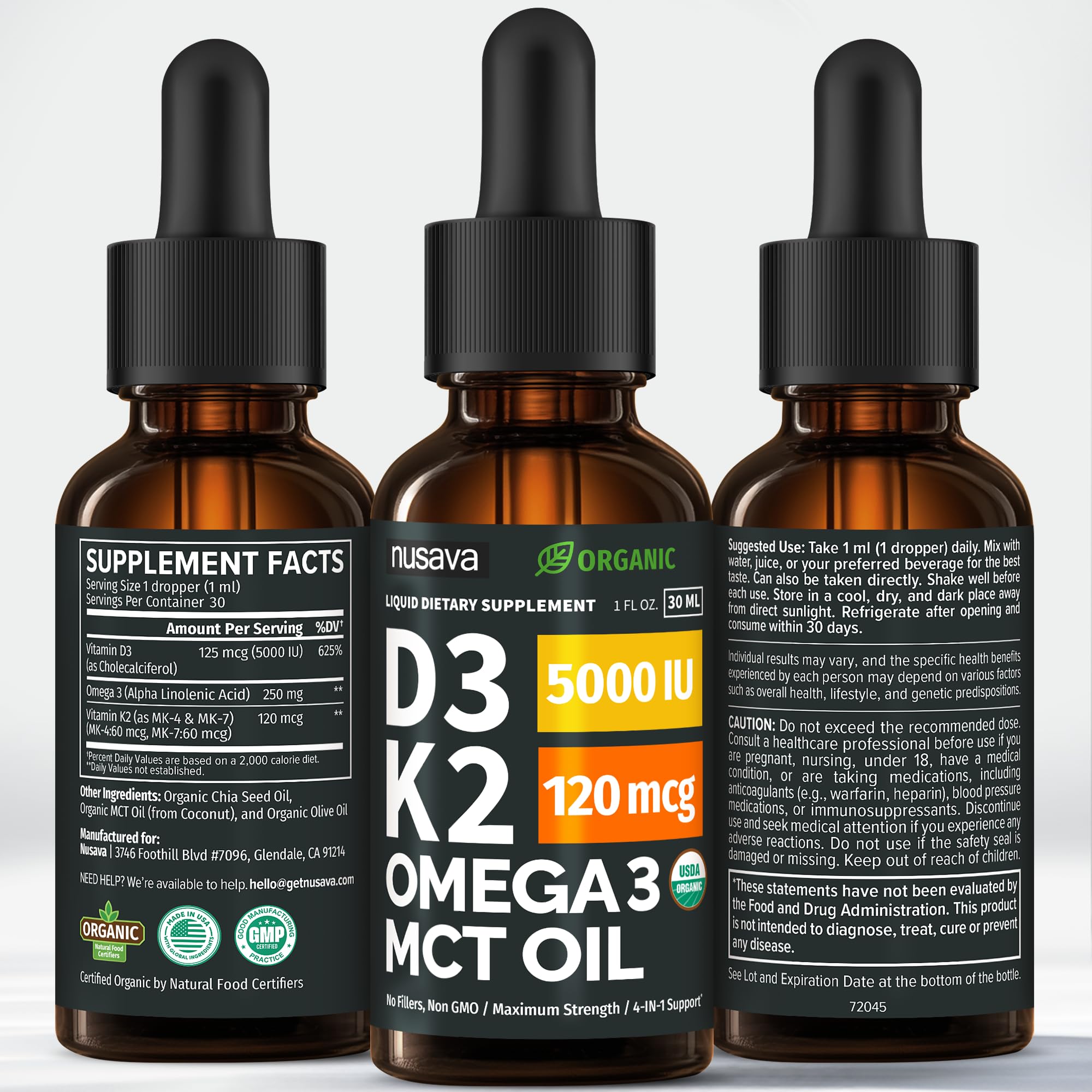(2 Pack) Organic Vitamin D3 K2 Drops with MCT Oil Omega 3, 5000 IU, Maximum Strength Vitamin D Liquid, No Fillers, Non-GMO Liquid D3 for Faster Absorption and Immune Support (Unflavored, 2 Fl Oz) NUSAVA uk supplements