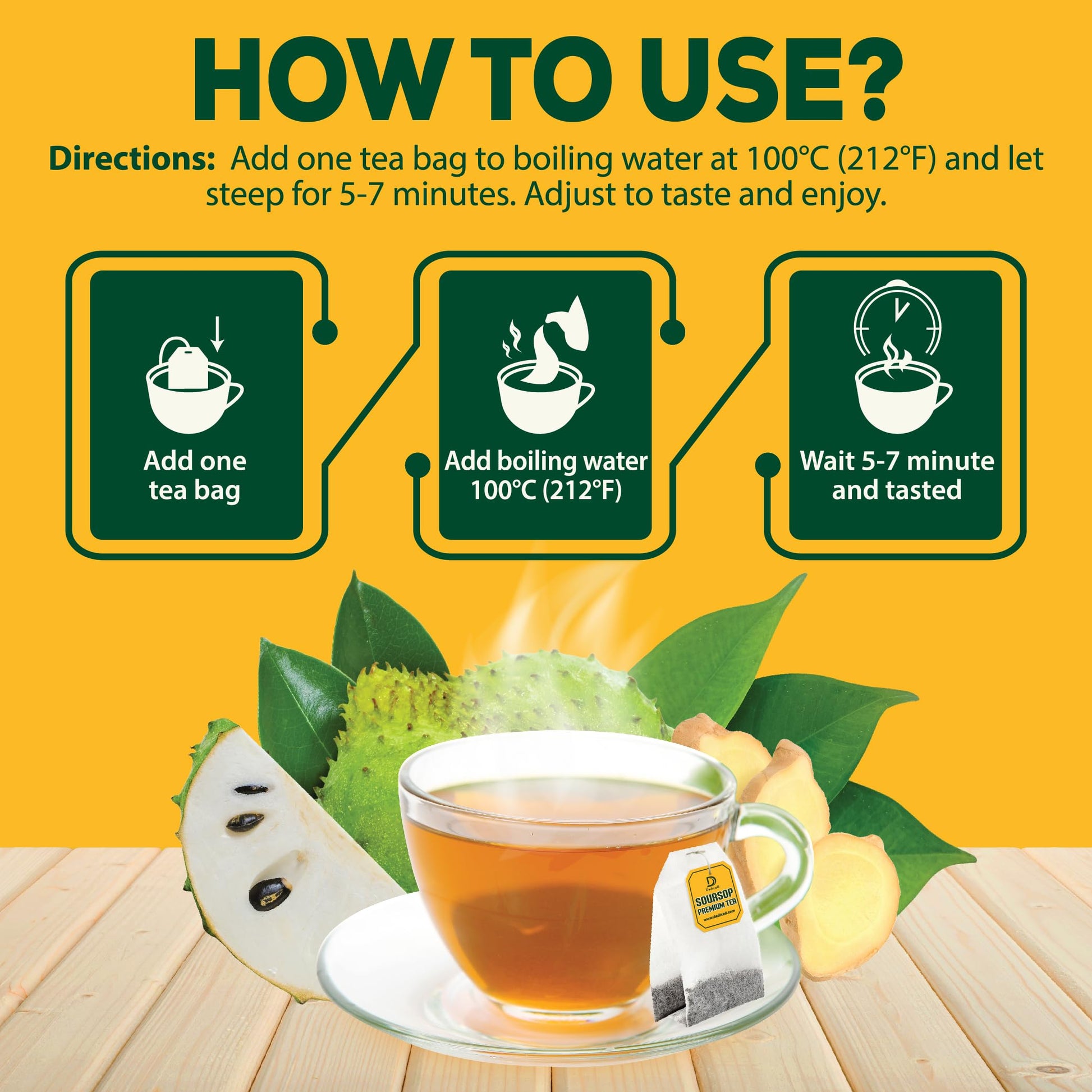 DEDICAD Soursop Leaves Tea Bags with Ginger, 30 Tea bags, 2gr/bag - Non-GMO/Caffeine free - Support Digestion, Well Skin, Immune System DEDICAD uk supplements