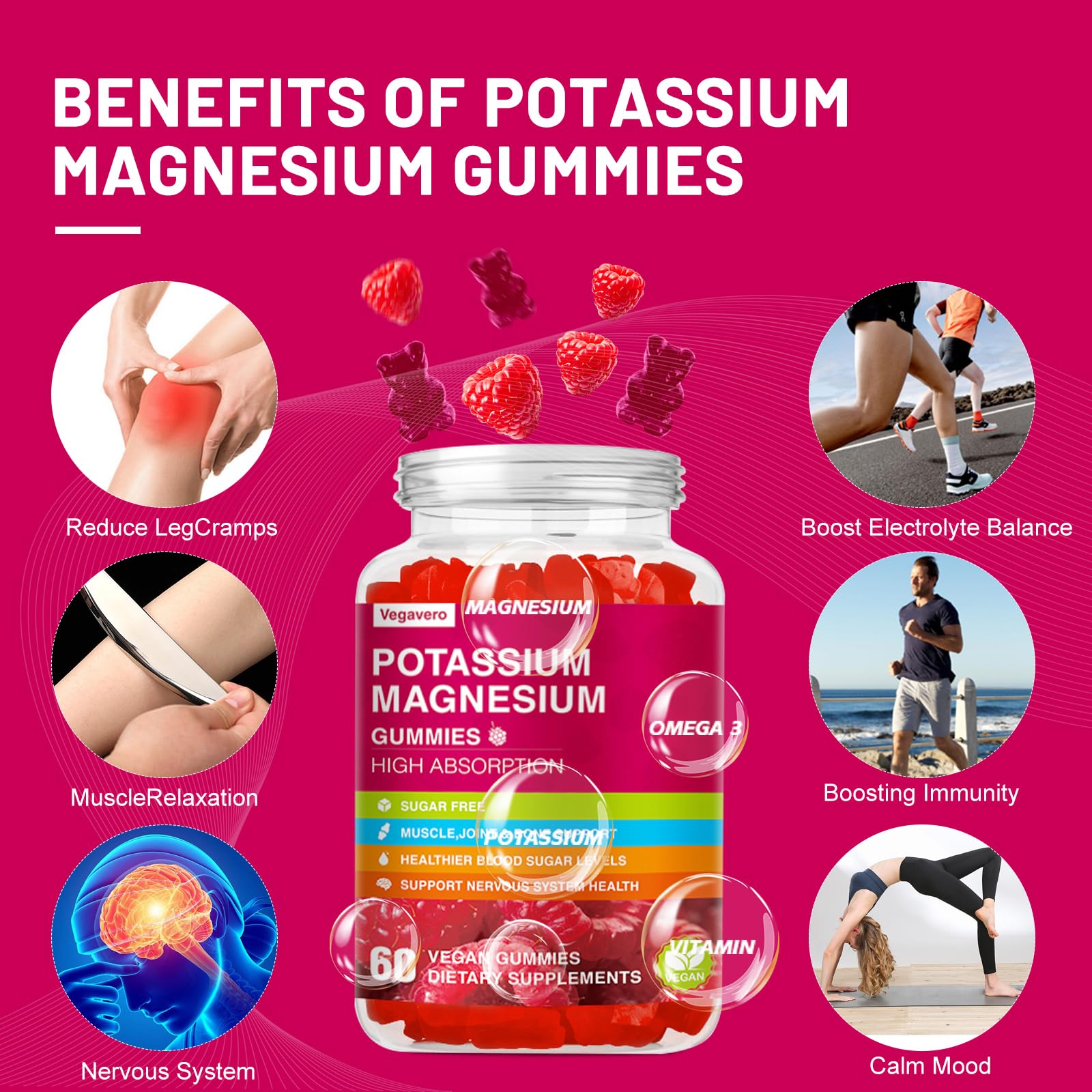Potassium Magnesium Gummies - High Absorption Magnesium Glycinate & Potassium Citrate Plus Coenzyme Q10, DHA, D3, Mineral & Calcium for Zzz, Leg Cramps & Muscle - 60 Raspberry Gummies Vegavero uk supplements