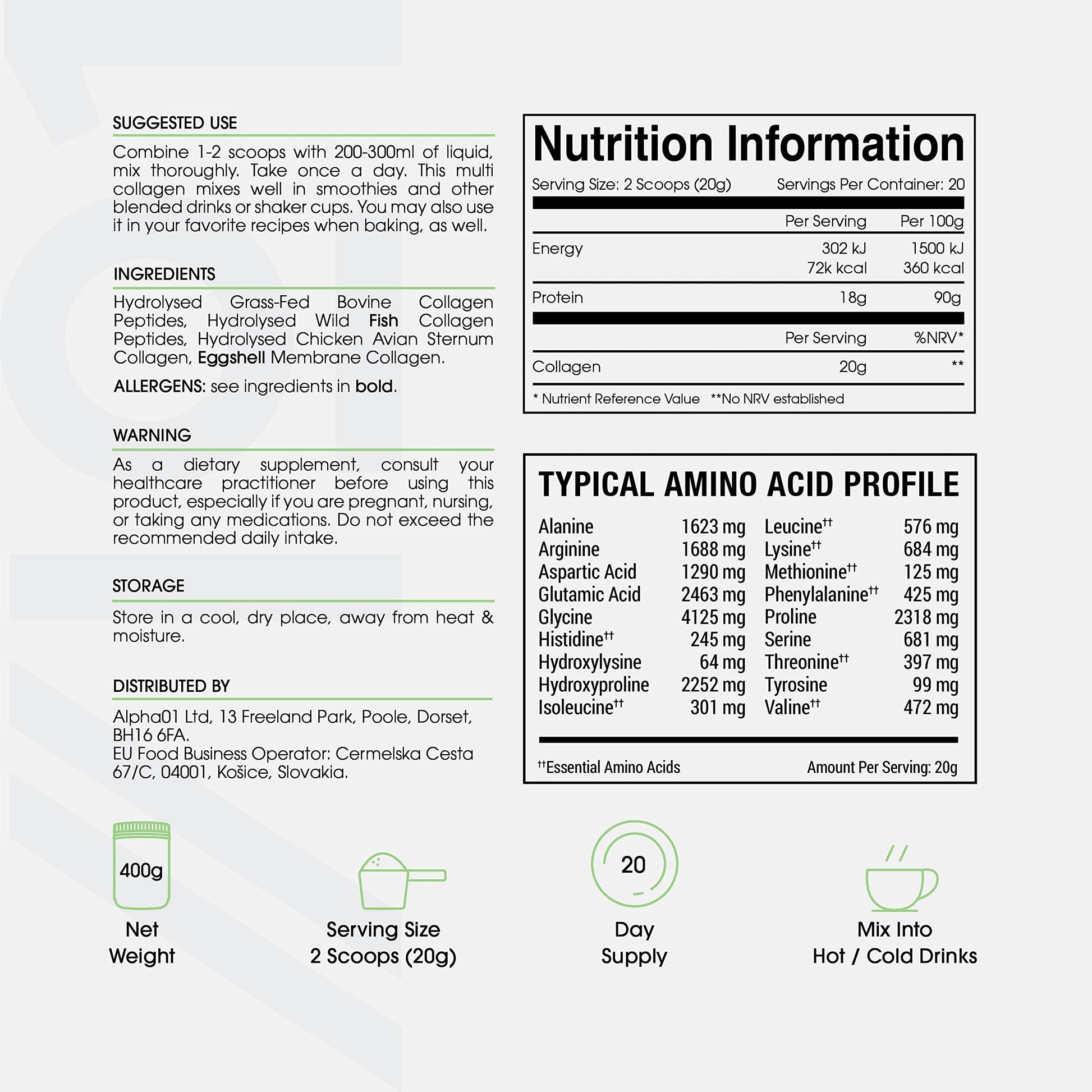 Multi Collagen Protein Powder (400g) - Types I, II, III, V & X - Hydrolyzed Grass Fed Bovine, Wild Caught Fish ALPHA01 uk supplements