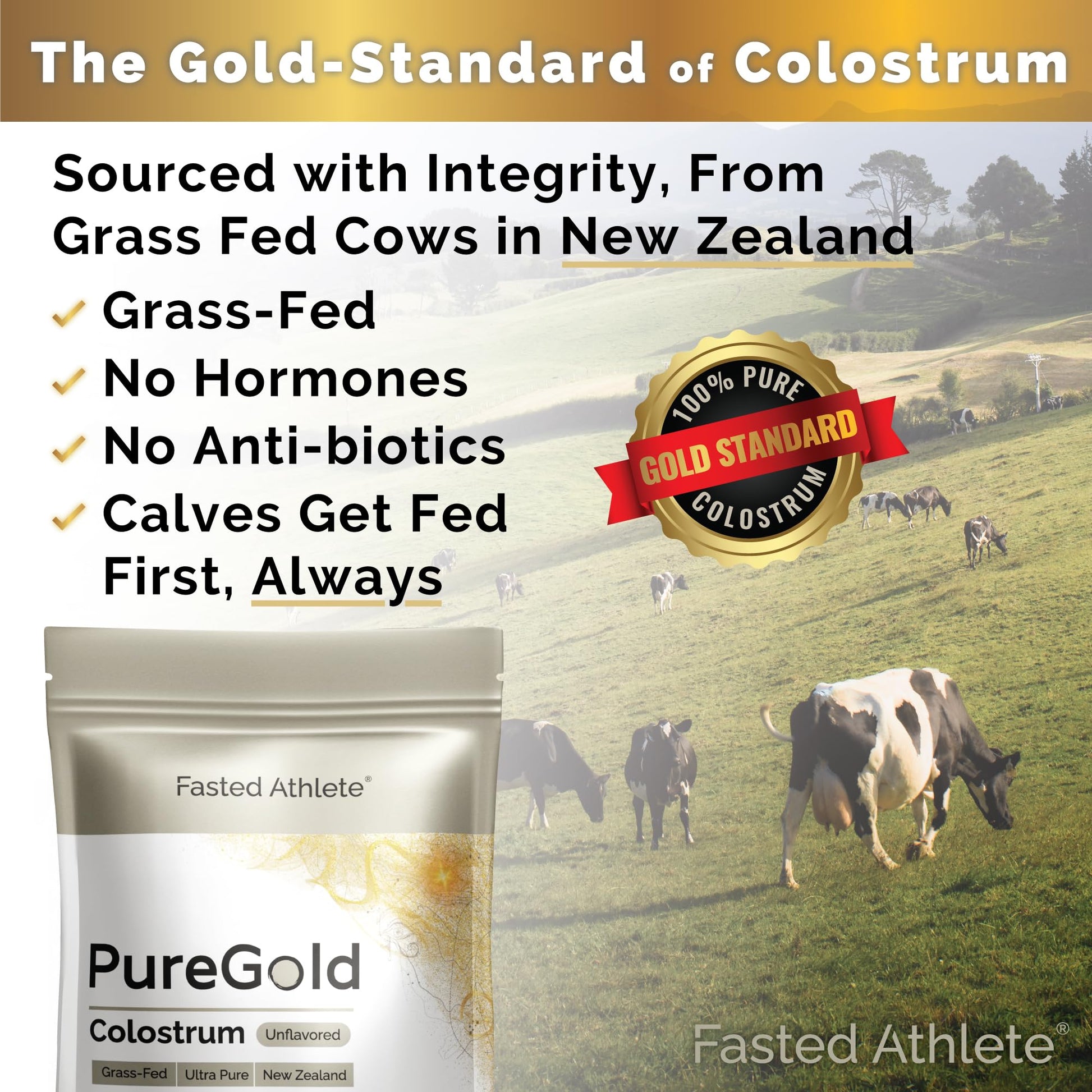 PureGold - Bovine Colostrum Powder - 100% Pure New Zealand Grass Fed, Supports Gut Health, Skin, Hair, & Immunity – Colostrum Supplement, Unflavored, 30 Travel Packets Fasted Athlete uk supplements
