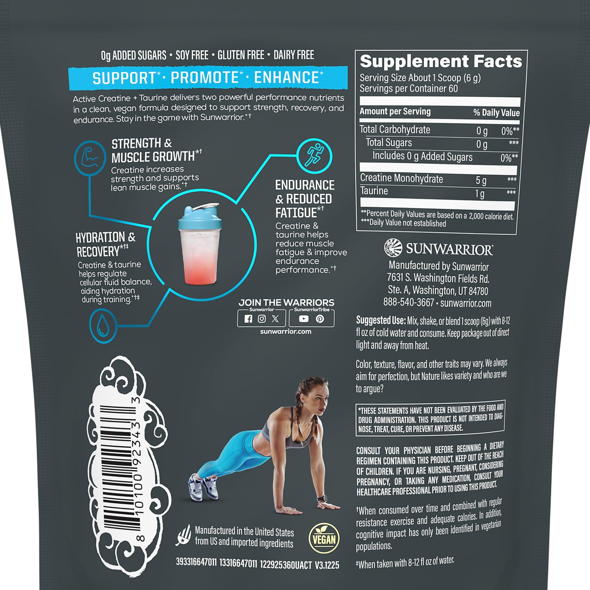 Creatine Monohydrate Powder Taurine Supplement, 5g Creatine Monohydrate 1g Taurine per Serving | Vegan Muscle Strength, Endurance & Recovery Support, Clean Performance Formula | 60 Servings Unflavored Sunwarrior uk supplements