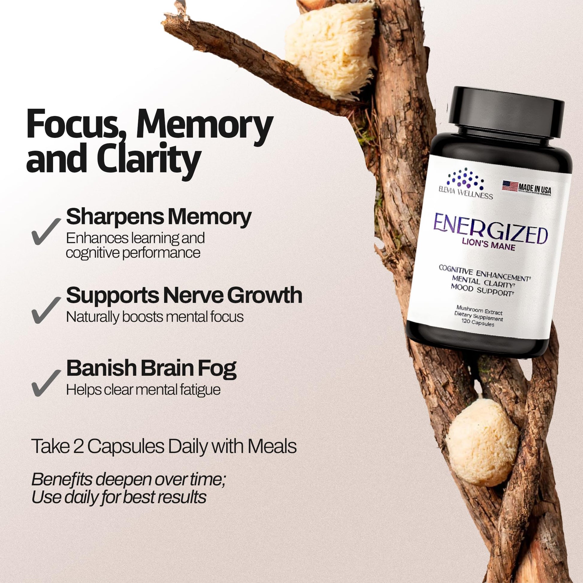 Energized Lions Mane Supplement Capsules (120ct),Brain Supplements for Memory and Focus, Nootropic for Brain Fog Relief Made in USA,30% Polysaccharides,Natural Brain Health Support Elevia Wellness uk supplements