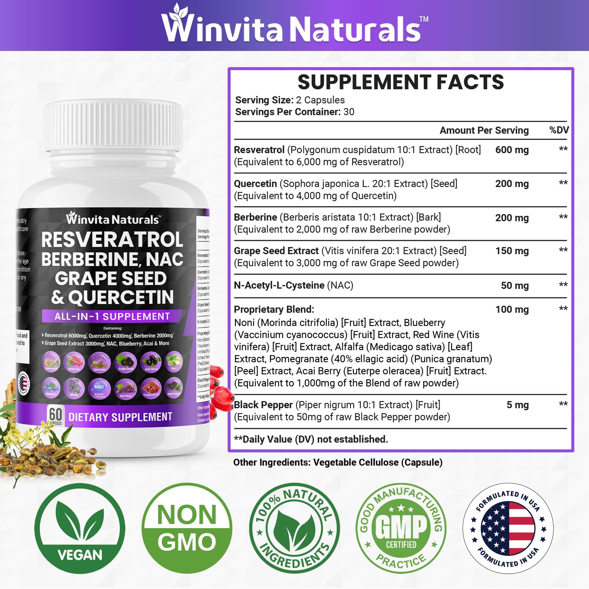 Resveratrol 6000mg Quercetin 4000mg Berberine 2000mg Grape Seed Extract 3000mg Winvita Naturals uk supplements