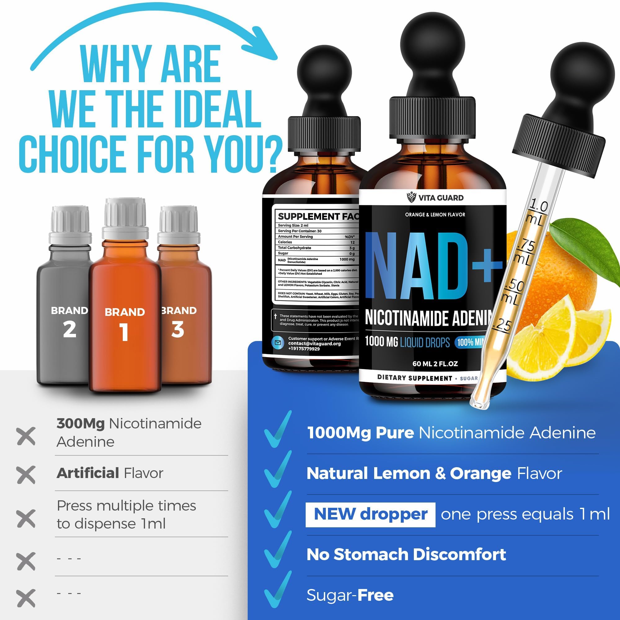 Vita Guard Pure NAD+ Supplements 1000mg Liquid Drops for Women & Man | Nicotinamide Adenine Similar to Nicotinamide Riboside NAD Plus Boosting Supplement - Natural Lemon & Orange Flavor Vita Guard uk supplements