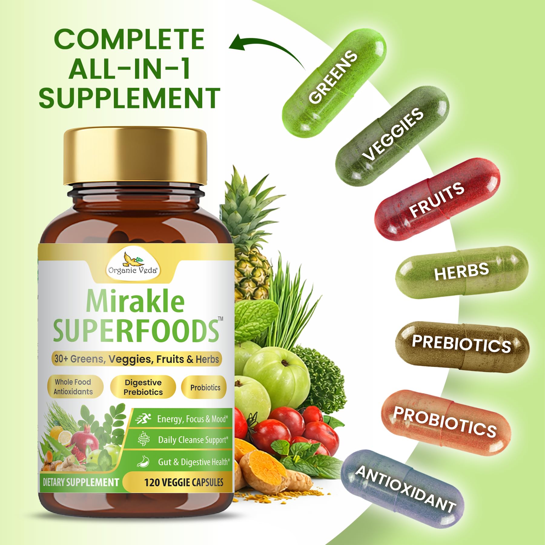 Organic Veda Mirakle Superfoods Greens Capsules - 30+ Daily Greens and Veggies Supplement with Moringa, Spirulina, Chlorella, Turmeric & Herbs, Antioxidants, Resveratrol, Probiotics - 120 Capsule Organic Veda uk supplements