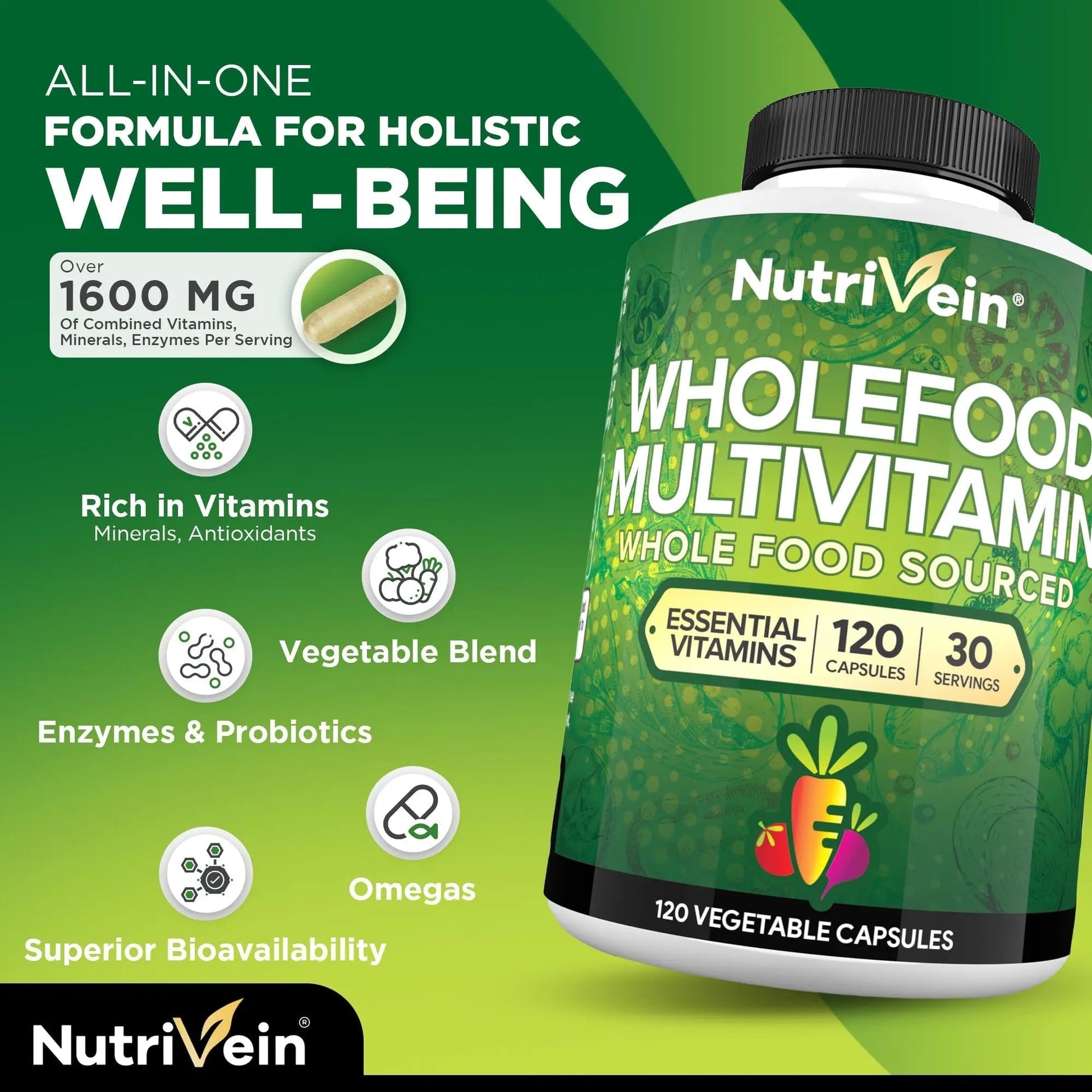 Nutrivein Whole Food Multivitamin for Men & Women – 120 Vegan Multivitamin Caps for Adults – Daily Energy, Immune & Heart Support Nutrivein uk supplements