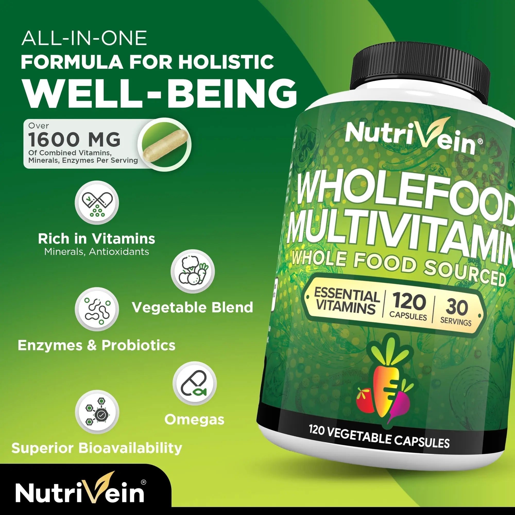 Nutrivein Whole Food Multivitamin for Men & Women – 120 Vegan Multivitamin Caps for Adults – Daily Energy, Immune & Heart Support Nutrivein uk supplements