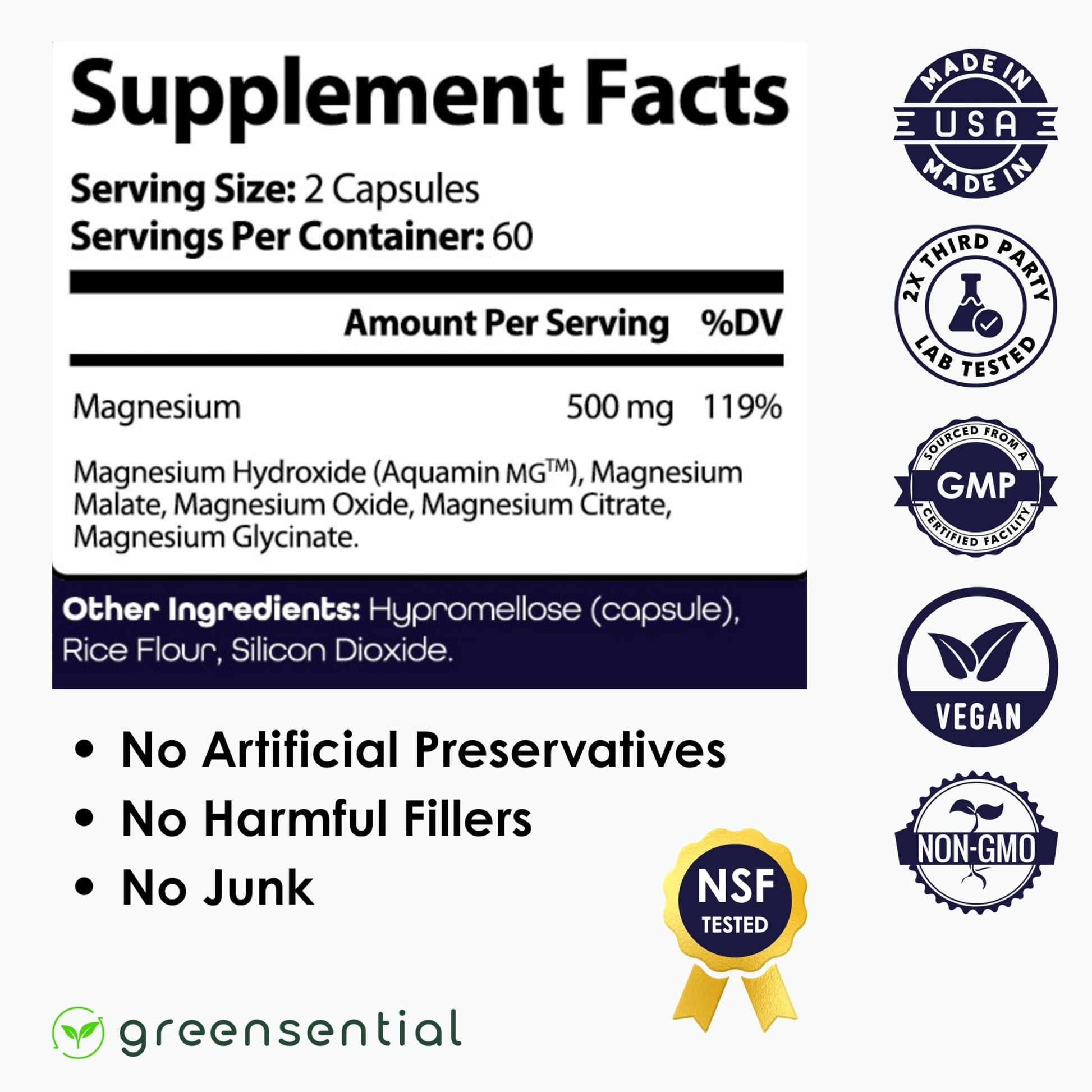Greensential 5-in-1 Magnesium Complex 500mg | Glycinate, Malate, Citrate, Oxide & Aquamin® | for Sleep, Muscle & Heart Support | High Absorption, Vegan, 120 Capsules Greensential uk supplements