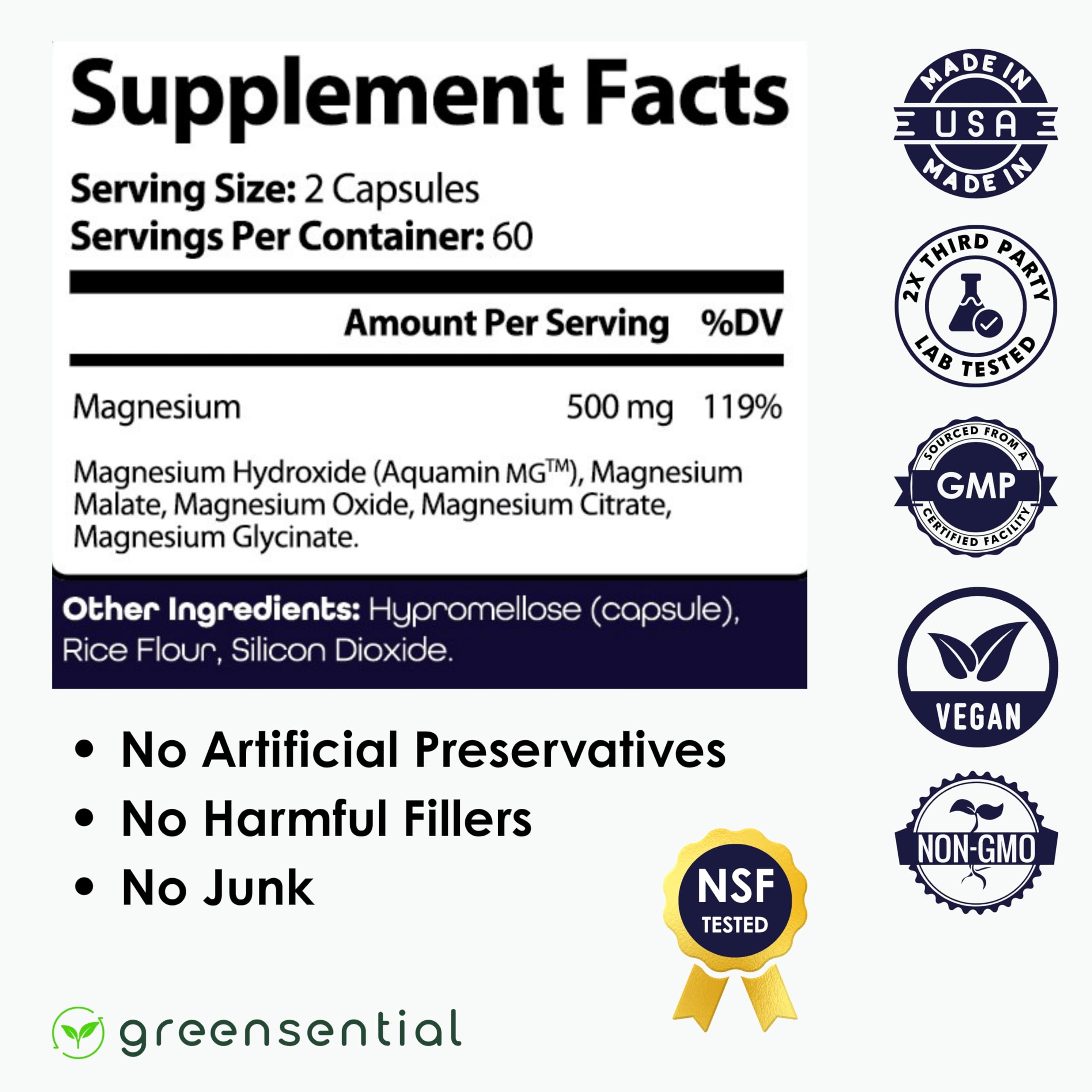 Greensential 5-in-1 Magnesium Complex 500mg | Glycinate, Malate, Citrate, Oxide & Aquamin® | for Sleep, Muscle & Heart Support | High Absorption, Vegan, 120 Capsules Greensential uk supplements
