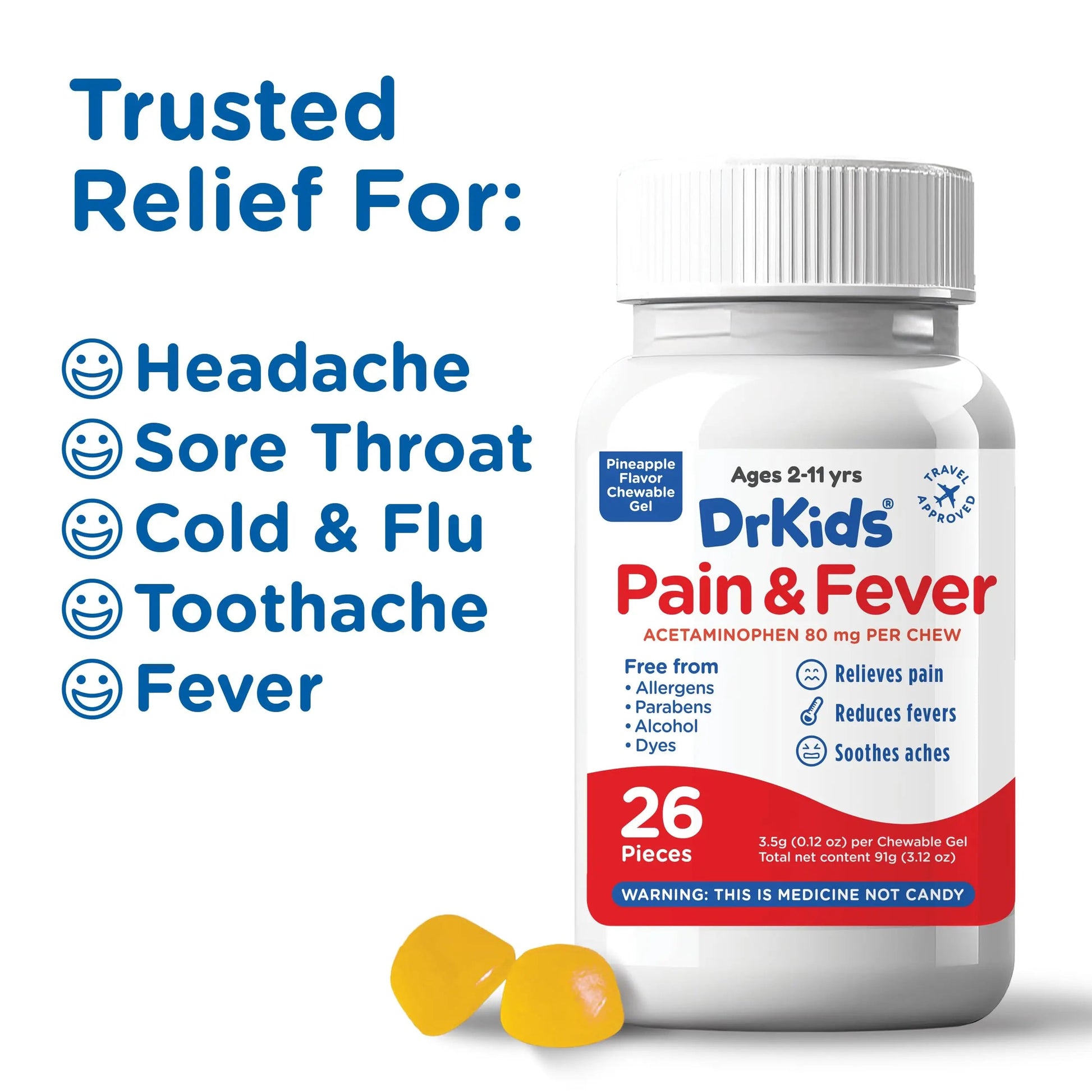 Dr. Kids Children’s Pain and Fever Chewable Gels – Pain Relief and Fever Reducer for Kids Ages 2–11, 80 mg Chewable Acetaminophen for Headache, Sore Throat, Cold & Flu, Pineapple Flavor, 26 Count Dr. Kids uk supplements