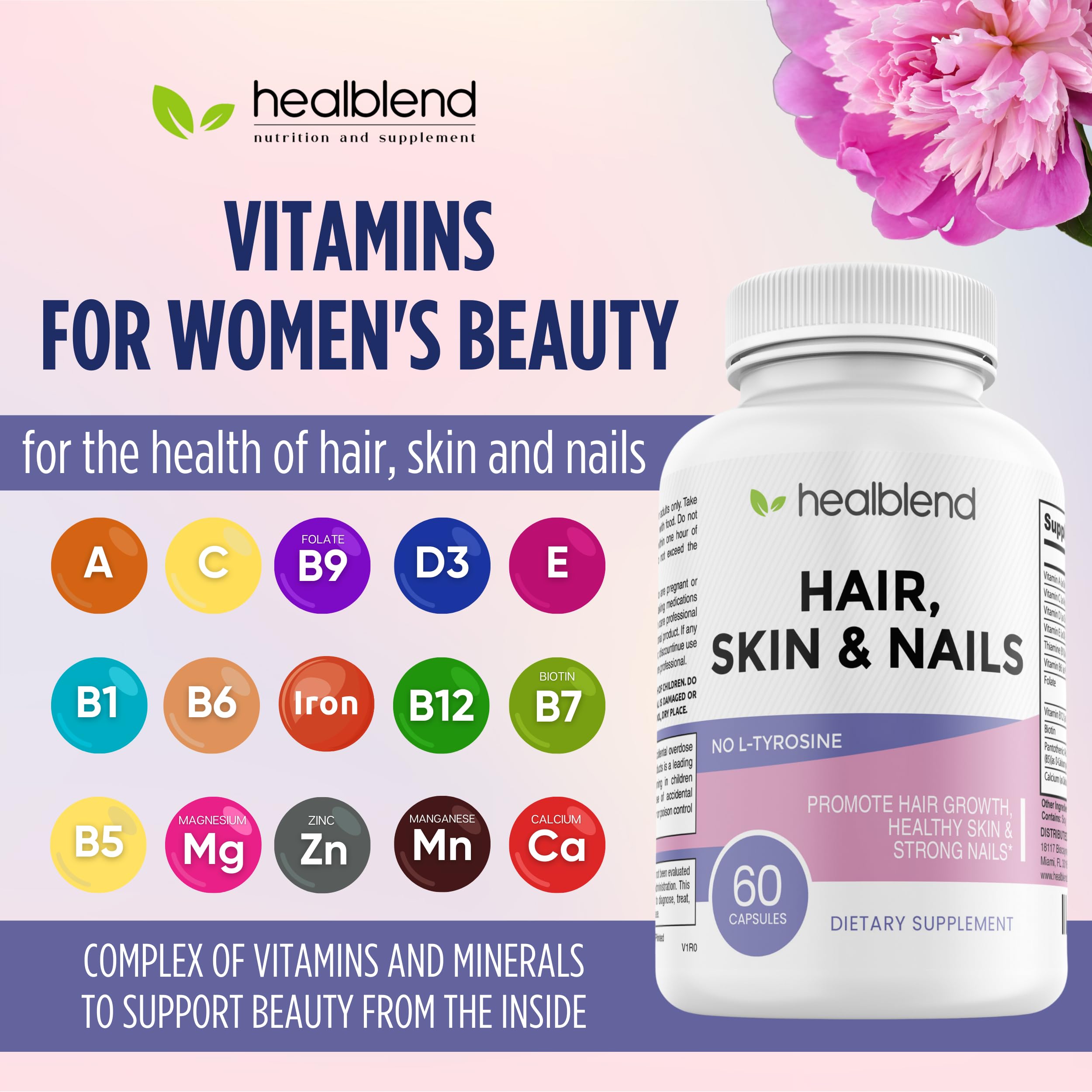 healblend Hair Skin and Nails Vitamins for Women with Biotin 5000 mcg, Iron and Manganese | Vegan, Non-GMO | 60 Capsules healblend uk supplements