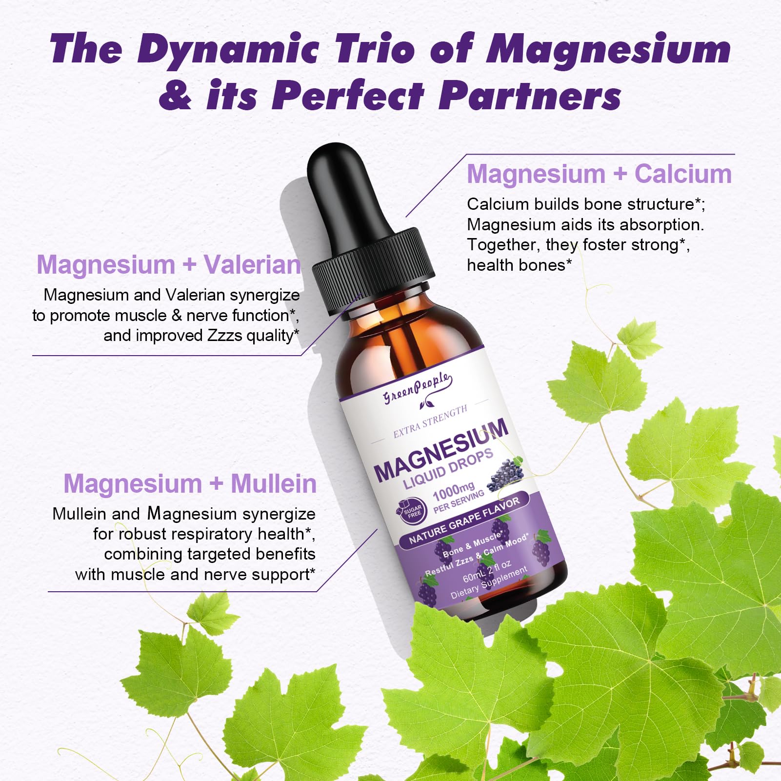 GREENPEOPLE Magnesium Glycinate Liquid Drops - 1000mg 5-in-1 High Absorption Liquid Magnesium for Sleep with D3/K2/B6 | Fast-Acting, Bone, Muscle & Sleep | Sugar-Free Grape Flavor, 2fl Oz GREENPEOPLE uk supplements