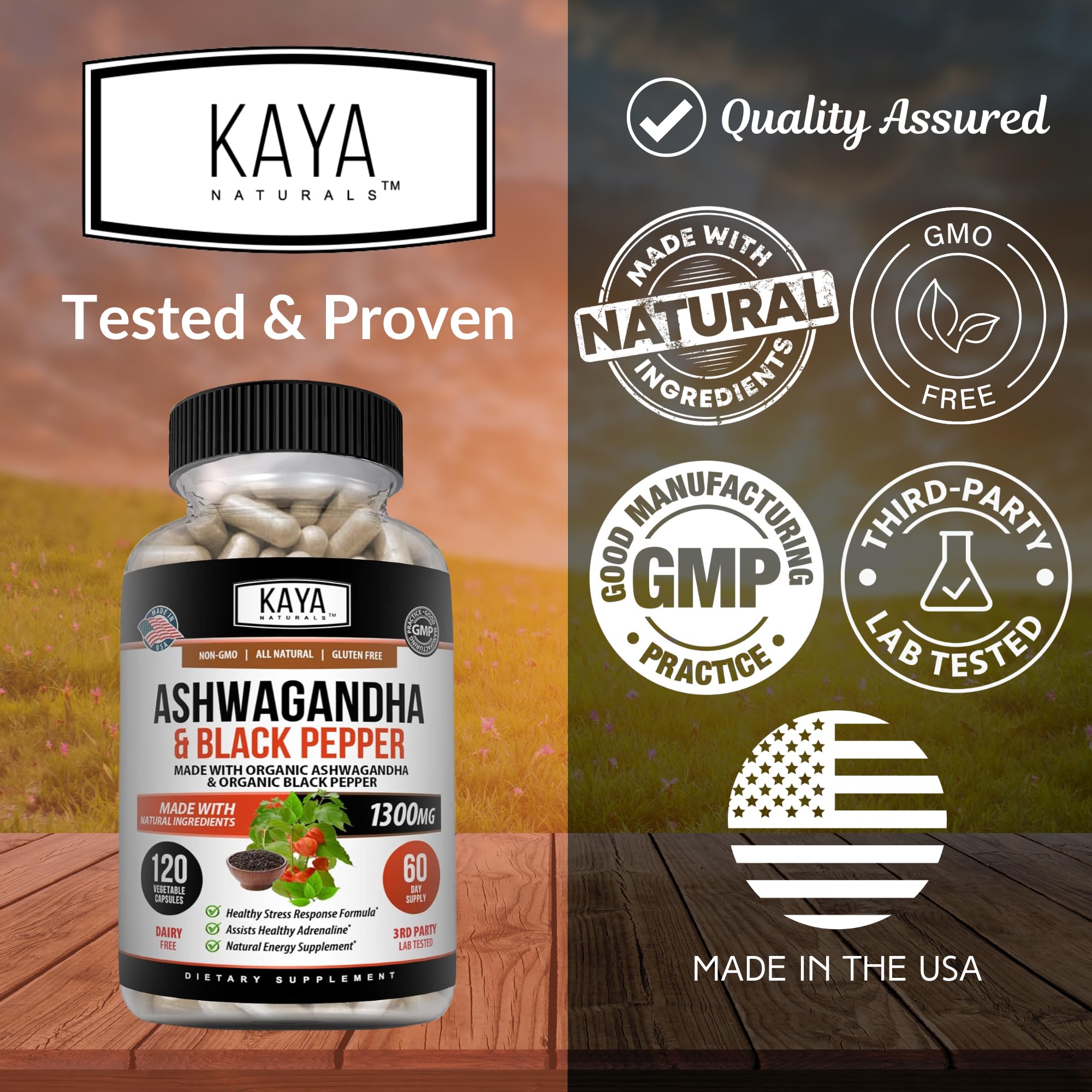 Kaya Naturals Ashwagandha 1300mg, 120 Count Capsules for Stress Relief, Adrenal, Mood & Thyroid Support, Black Pepper and 100% Pure Ashwagandha -120 Capsules Kaya Naturals uk supplements