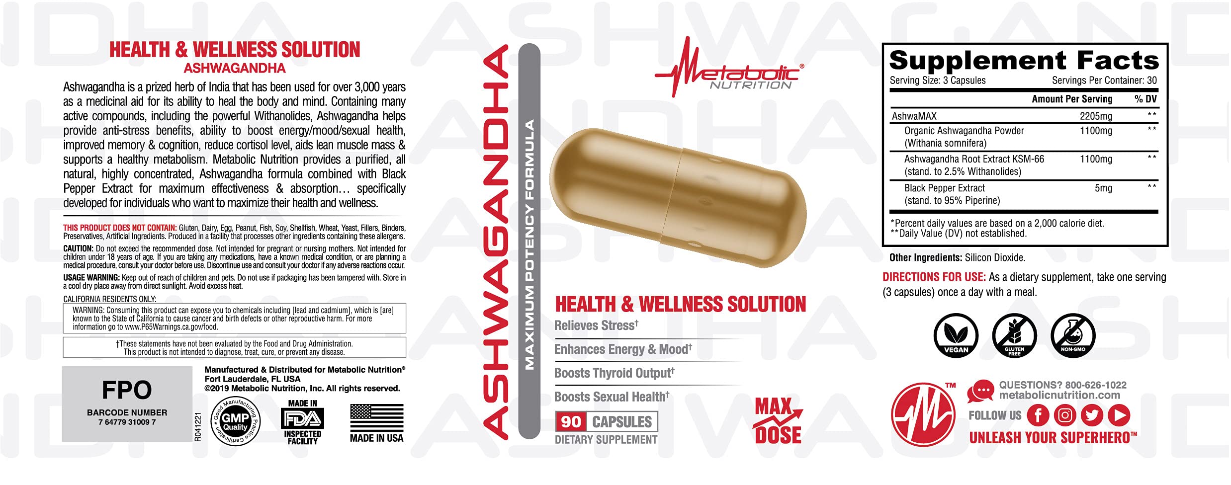 Metabolic Nutrition Ashwagandha 2200mg Made with Organic Ashwagandha Powder and Black Pepper Extract, 90 Vegan Capusles Metabolic Nutrition uk supplements