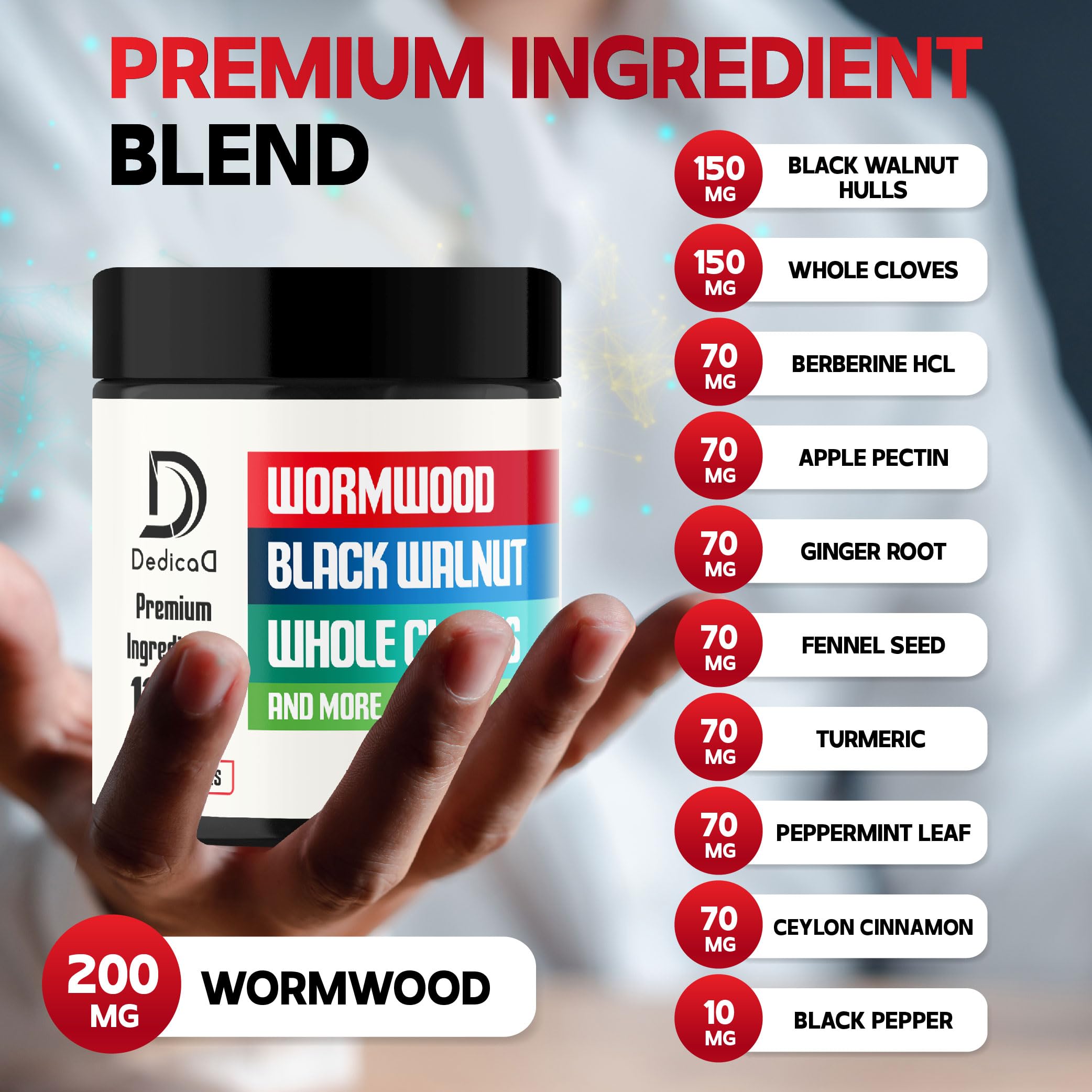 DEDICAD Wormwood Supplement - 120 Capsules Extracted from Black Walnut, Cloves, Turmeric, Apple, Berberine HCl & More - 11 Ingredients Combined for Immune System - 2-Month Supply DEDICAD uk supplements