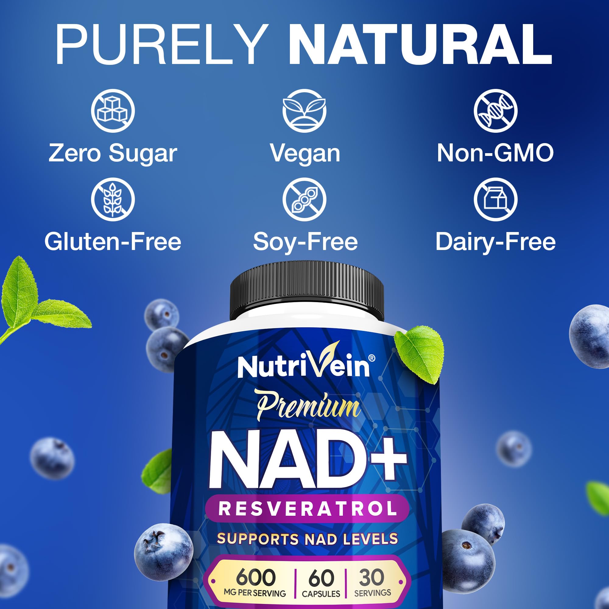 Nutrivein Premium NAD + Resveratrol Supplement 600 mg - 30 Servings (60 Capsules): Powerful Synergistic NAD Resveratrol Supplement - Aging, Cognition, Metabolism, & Overall Well-Being Nutrivein uk supplements