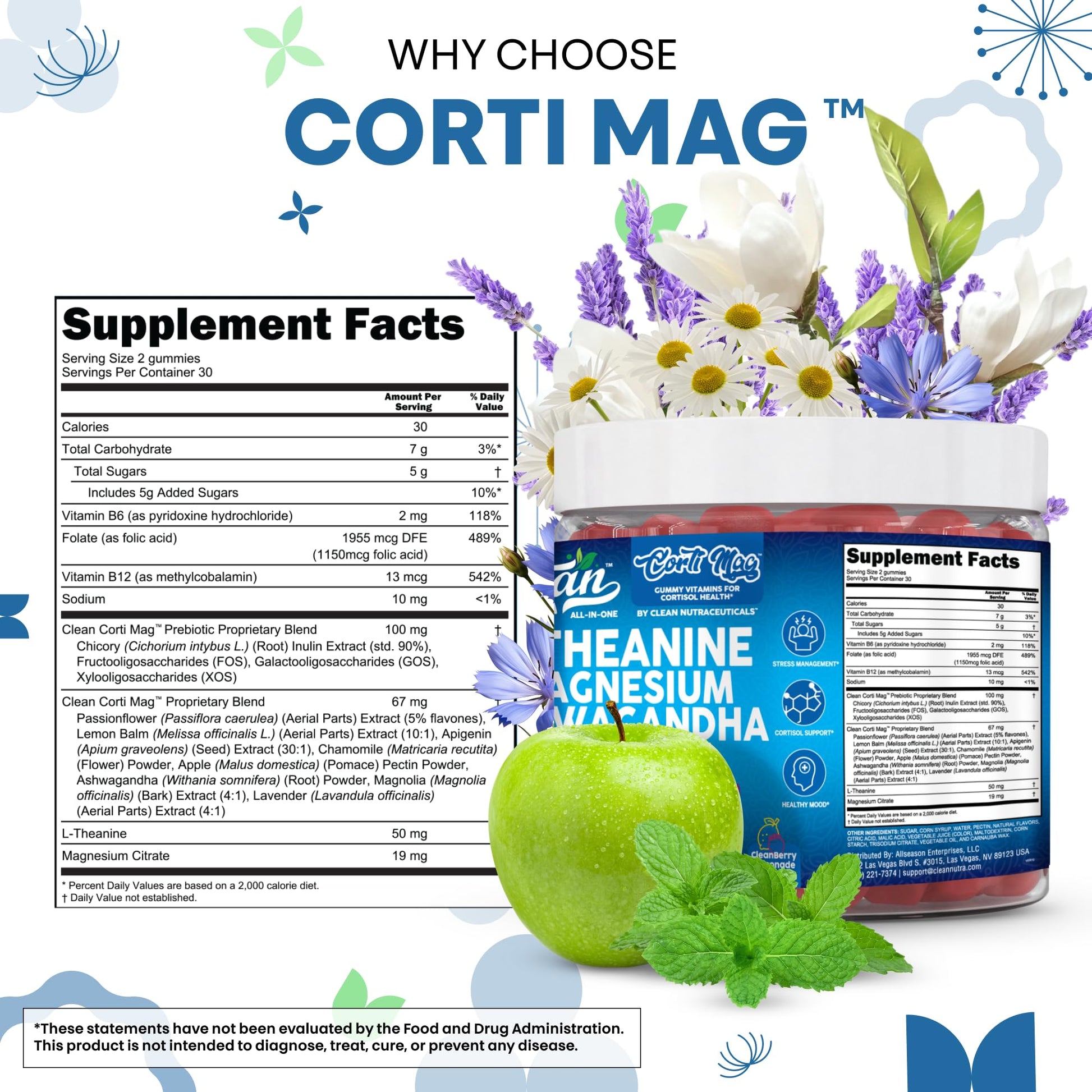 Clean Nutra Cortisol Supplement Gummies L-Theanine Magnesium Ashwagandha Apigenin Vitamin B6 Sleep and Calm Support Lavender Chicory Prebiotic Advanced Gummy Formula Clean Nutraceuticals uk supplements