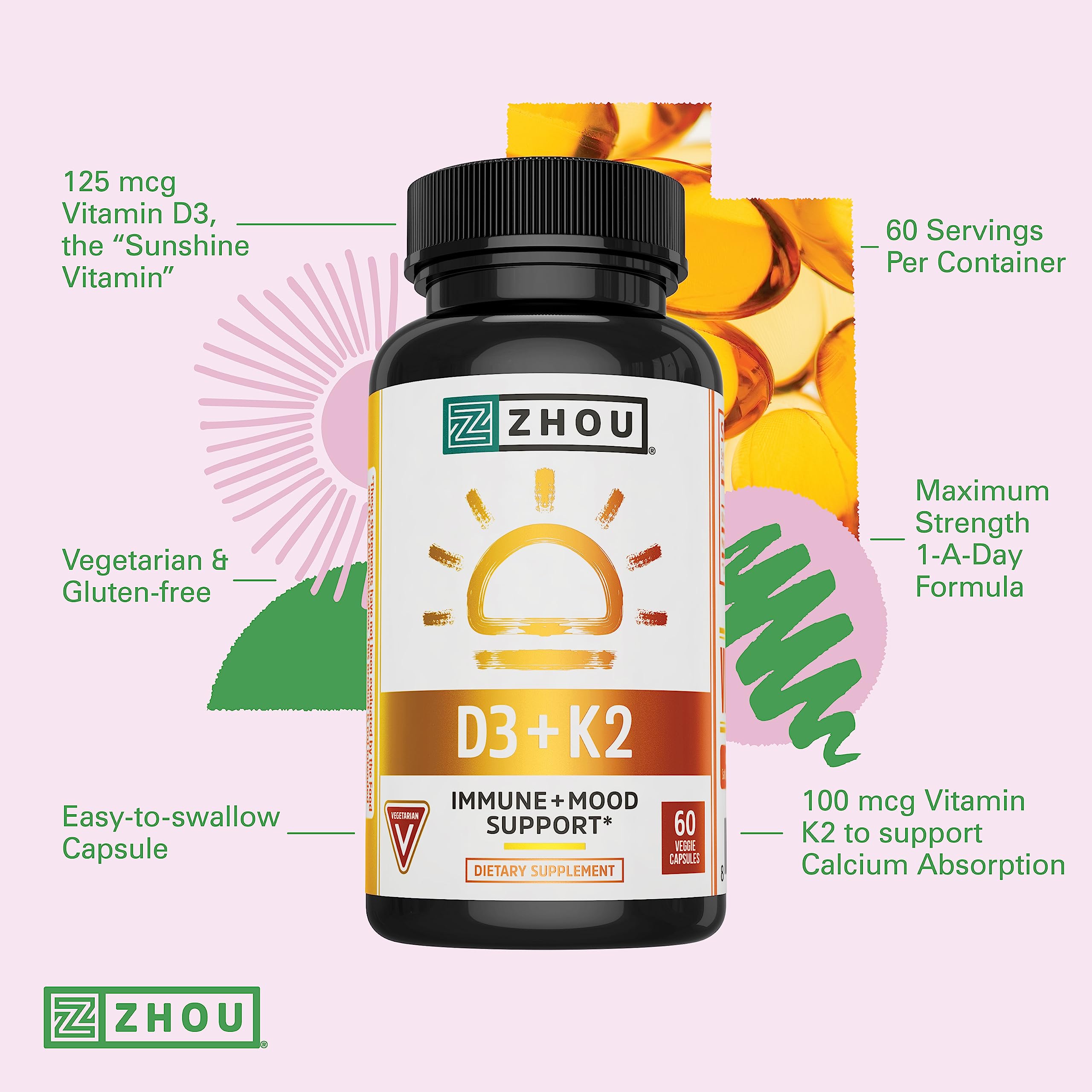 Zhou Nutrition Vitamin D3 K2, Bone and Heart Health Formula 5000 IU Vitamin D3 & 90 mcg Zhou Nutrition uk supplements
