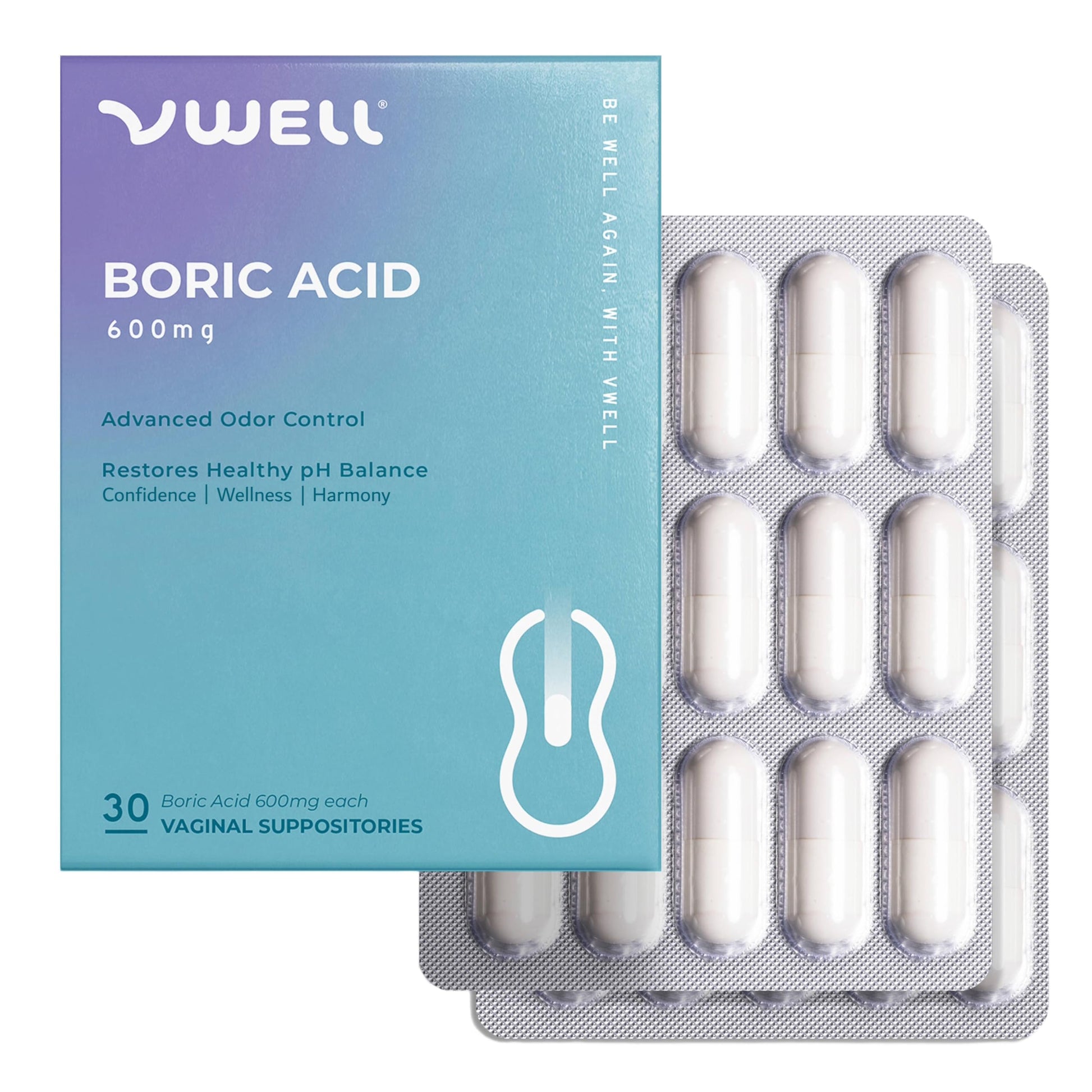 VWELL Boric Acid Vaginal Suppositories - Homeopathic Solution Maintains and Balances Healthy Vaginal pH & Microbiome Intimacy - Doctors Recommended (One Size, 30, Count) VWELL uk supplements