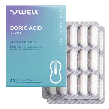 VWELL Boric Acid Vaginal Suppositories - Homeopathic Solution Maintains and Balances Healthy Vaginal pH & Microbiome Intimacy - Doctors Recommended (One Size, 30, Count) VWELL uk supplements