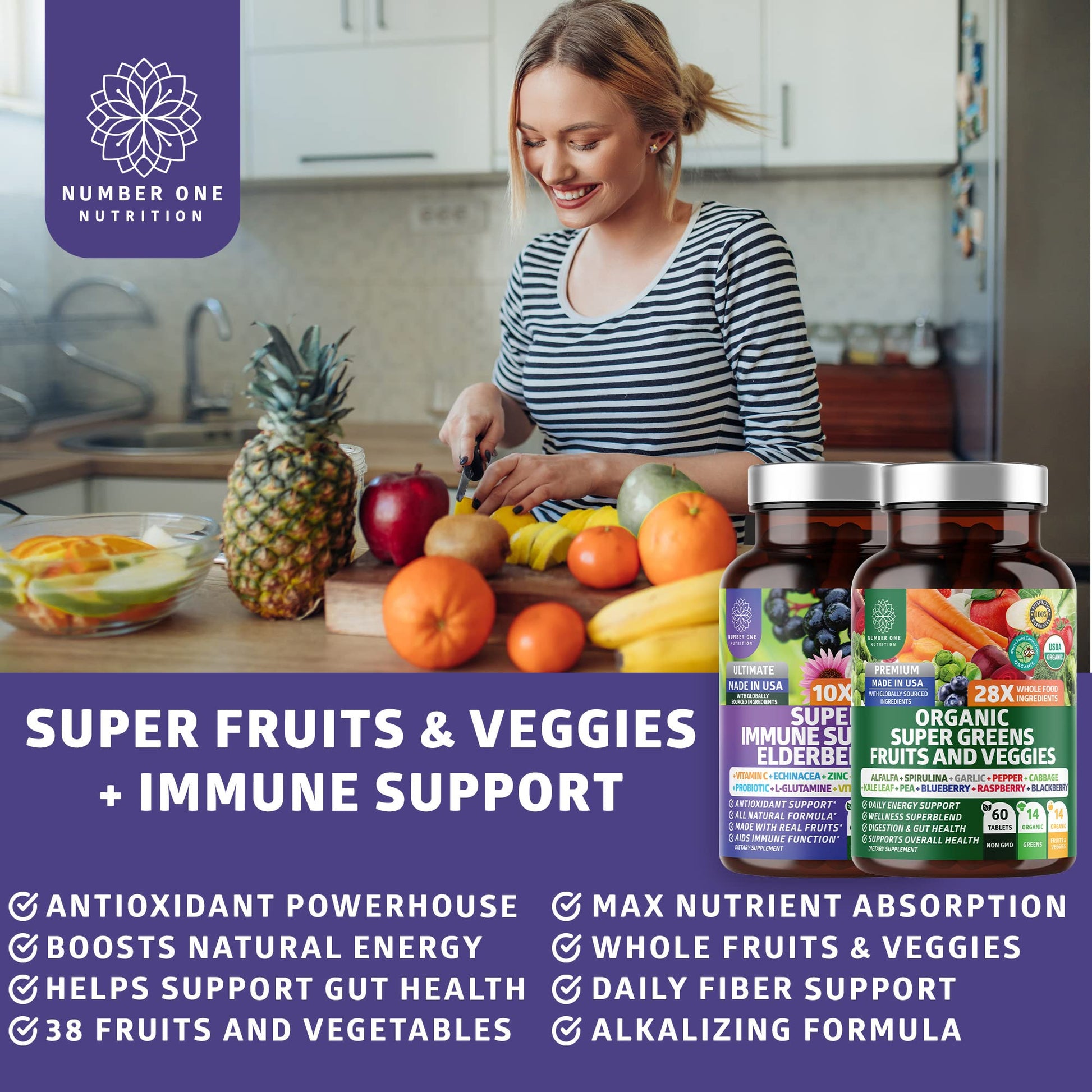 N1N Premium Organic Super Fruits & Veggies + Immune Support [38 Powerful Ingredients], Natural Super Greens Supplement with Alfalfa, Vitamins & Minerals, Zinc, Turmeric and Probiotic, 120 Caps Number One Nutrition uk supplements