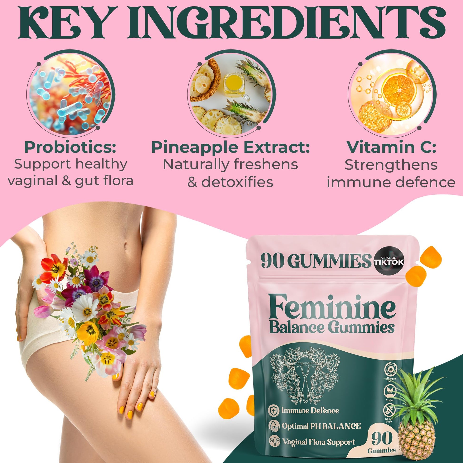ORGANIC UPLIFT Premium Feminine Balance Gummies - for Women’s Health & Wellness - Immune Support - Vegan, Gluten-Free - Hawaiian Pineapple - 90 Gummies - 45 Servings ORGANIC UPLIFT uk supplements