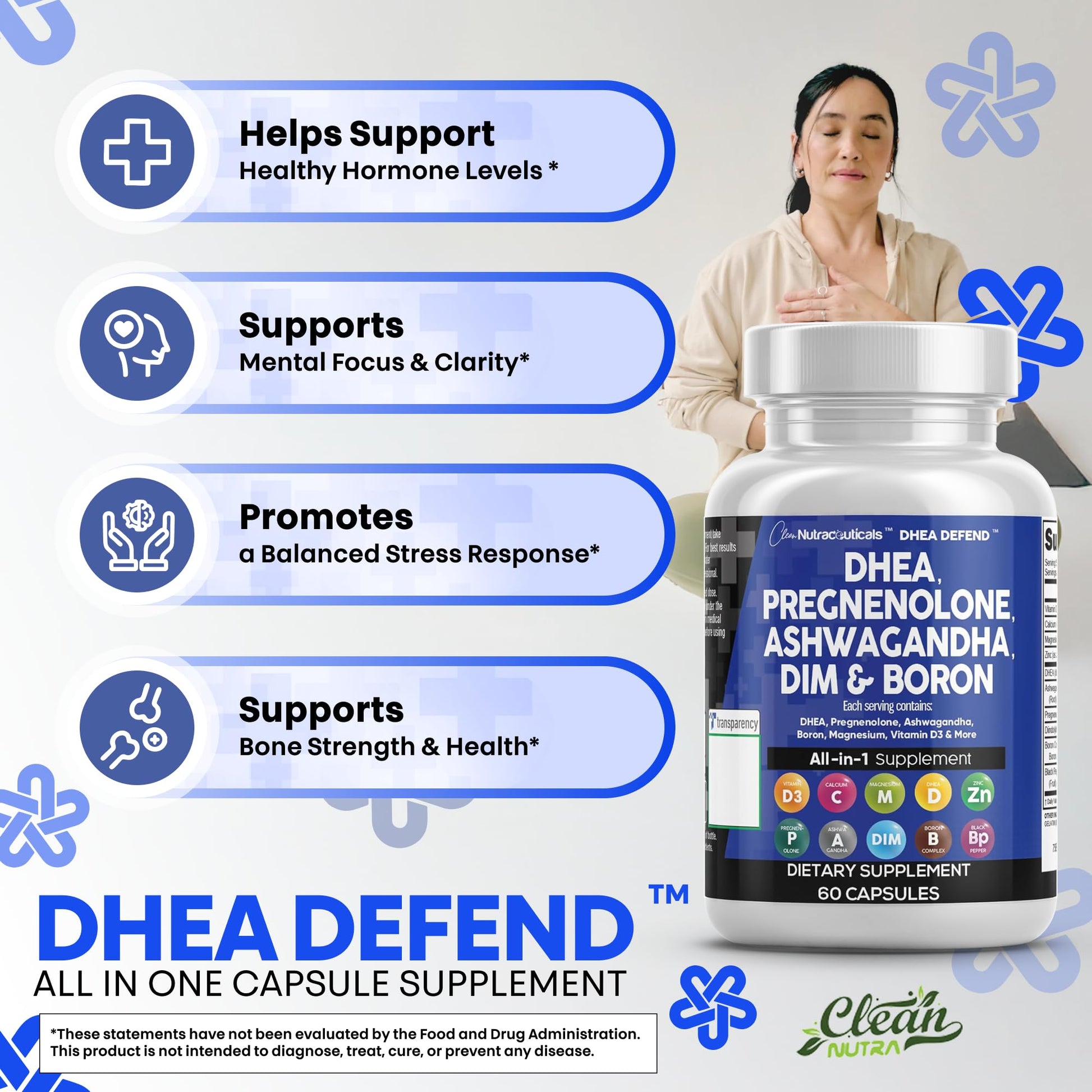 DHEA 200mg Supplement Pregnenolone 100mg for Men & Women with DIM Ashwagandha Boron 6mg Complex Calcium Magnesium Zinc 50mg Vitamin D3 5000 iu Hormone Support Capsules Pills - Made in USA 60 Ct Clean Nutraceuticals uk supplements