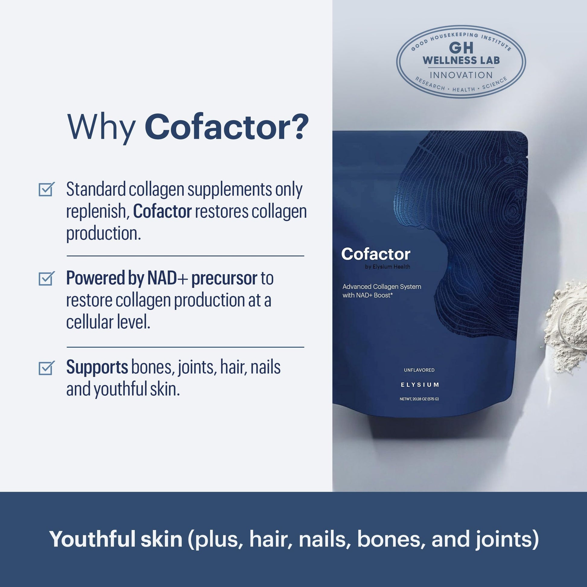 ELYSIUM Cofactor – 4-in-1 Collagen Peptides Powder w/NAD+, Hyaluronic Acid & Vitamin C for Skin, Hair, Nails, Joints & Cellular Health, Collagen Supplements for Men & Women – Unflavored, 28 Servings ELYSIUM uk supplements