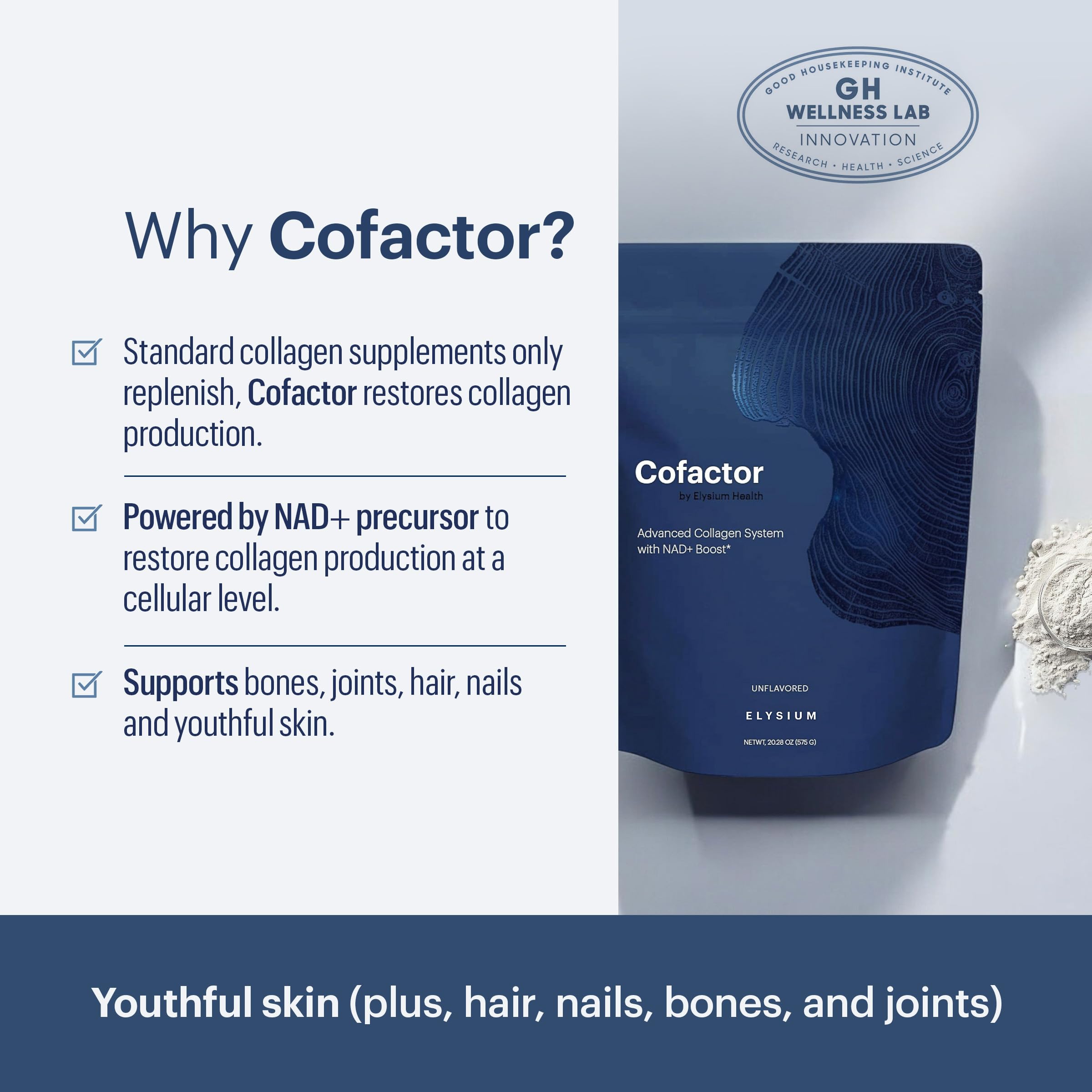 ELYSIUM Cofactor – 4-in-1 Collagen Peptides Powder w/NAD+, Hyaluronic Acid & Vitamin C for Skin, Hair, Nails, Joints & Cellular Health, Collagen Supplements for Men & Women – Unflavored, 28 Servings ELYSIUM uk supplements