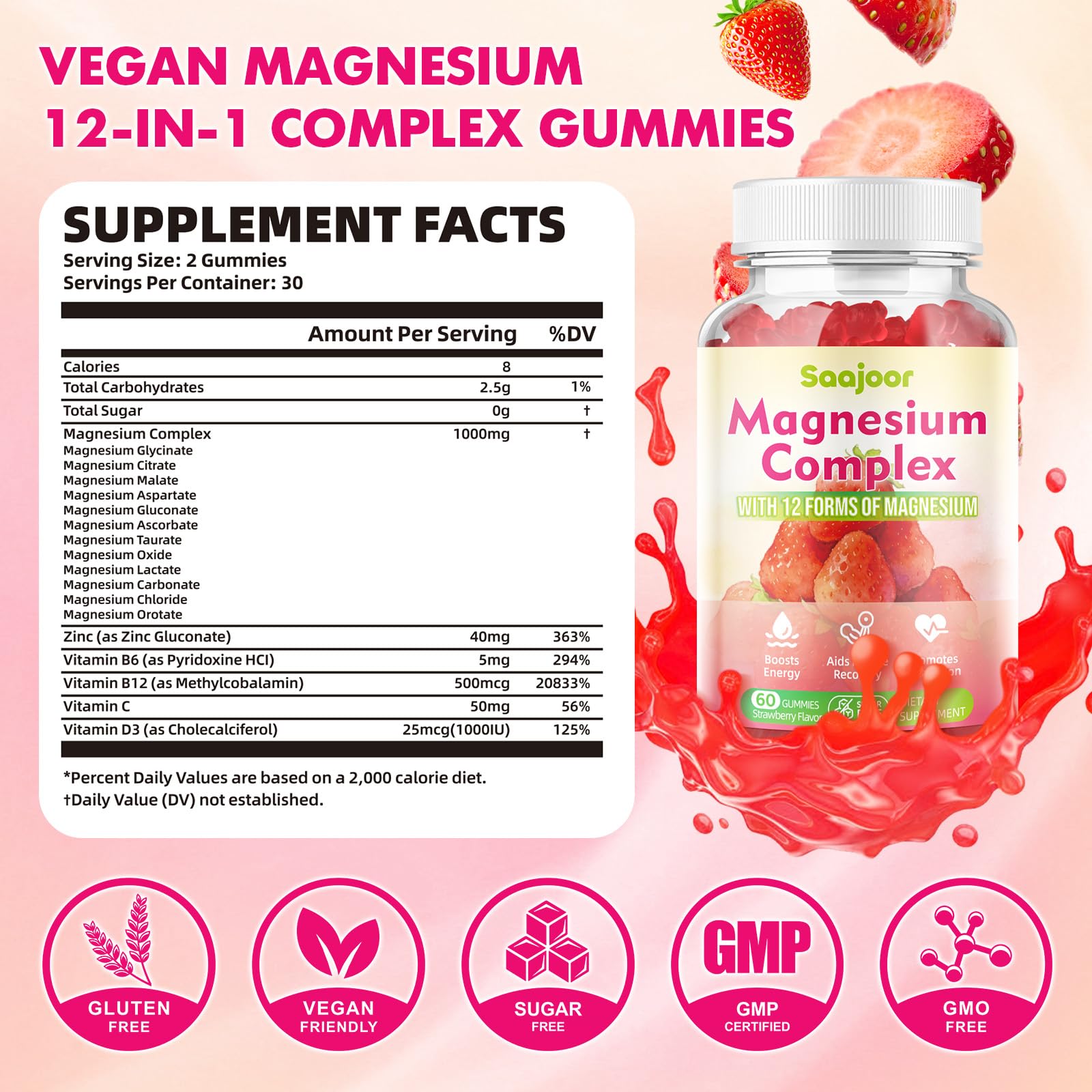Magnesium Complex Gummies – with 12 Forms of Magnesium (Citrate, Glycinate, Malate, Oxide, and More) Plus Vitamins B6, B12, and C. for Women and Men – Strawberry Flavor, 60 Count Saajoor uk supplements