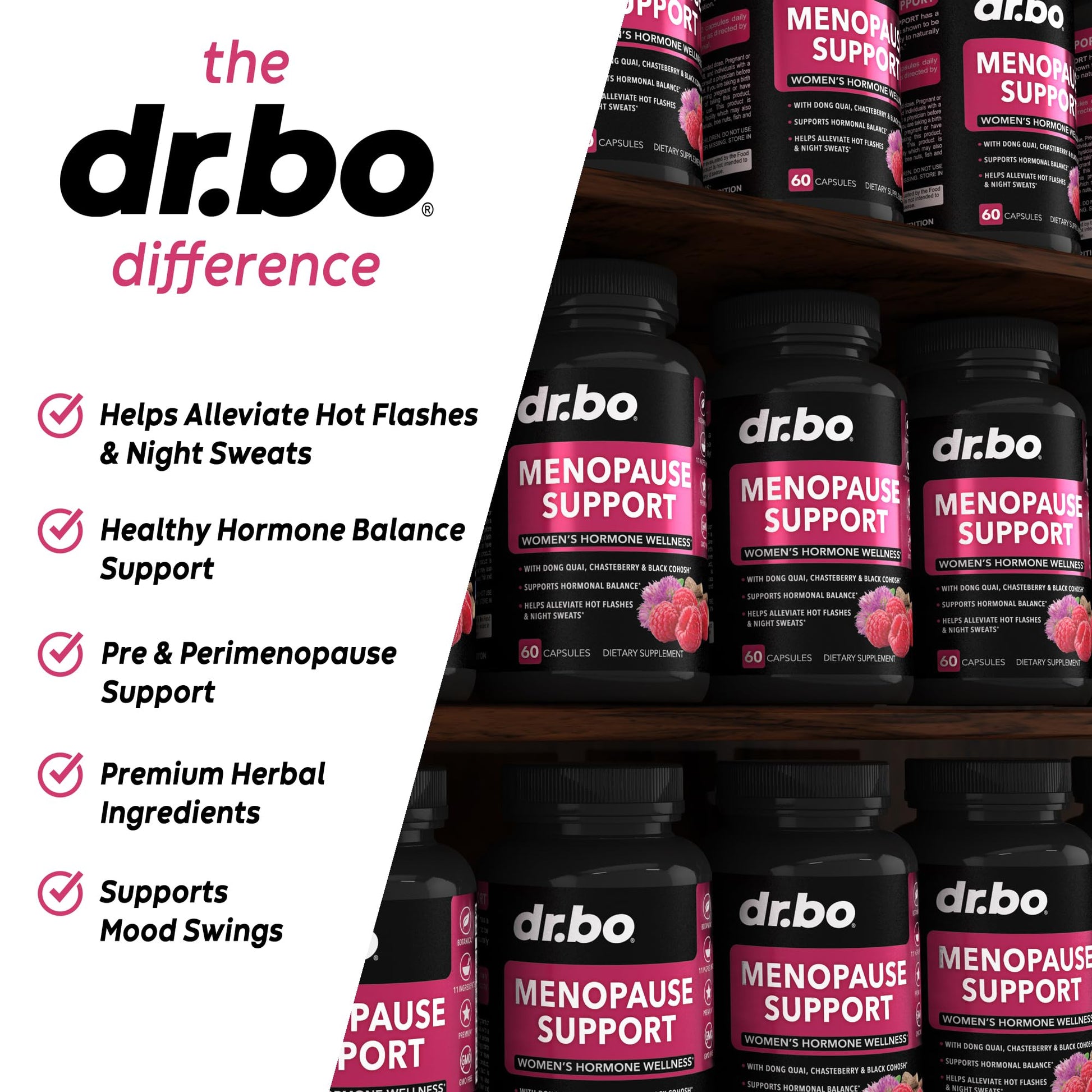 Menopause Supplements for Women Support Pills - Natural Menopause Relief for Hot Flashes, Night Sweats & Mood Swings with Dong Quai, Chasteberry & Black Cohosh - Hormone Balance for Women Supplement DR. BO uk supplements