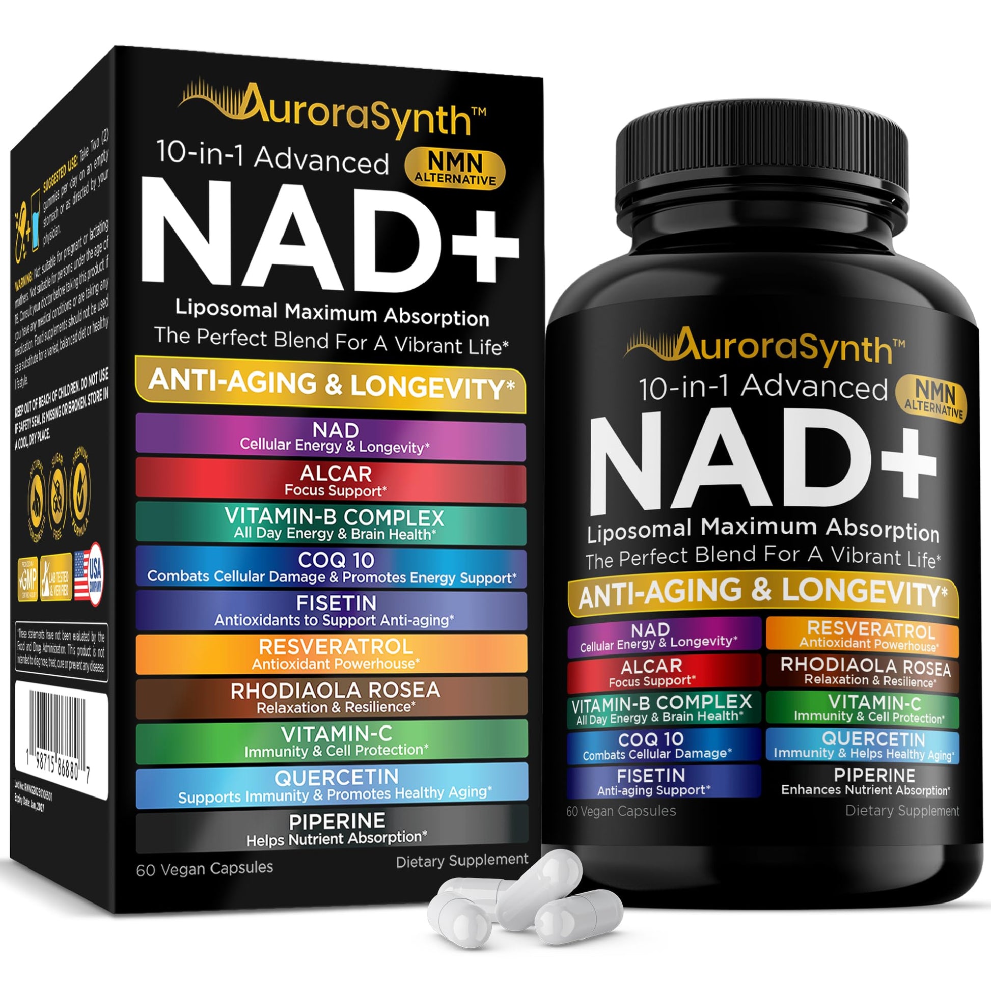 NAD+ Supplement Liposomal Capsules - Max Absorption for Cellular Energy, Healthy Aging, Brain Function & DNA Health - Vegan, Non-GMO, Gluten-Free Supplement - 60 Capsules - Supports NAD Levels AuroraSynth uk supplements